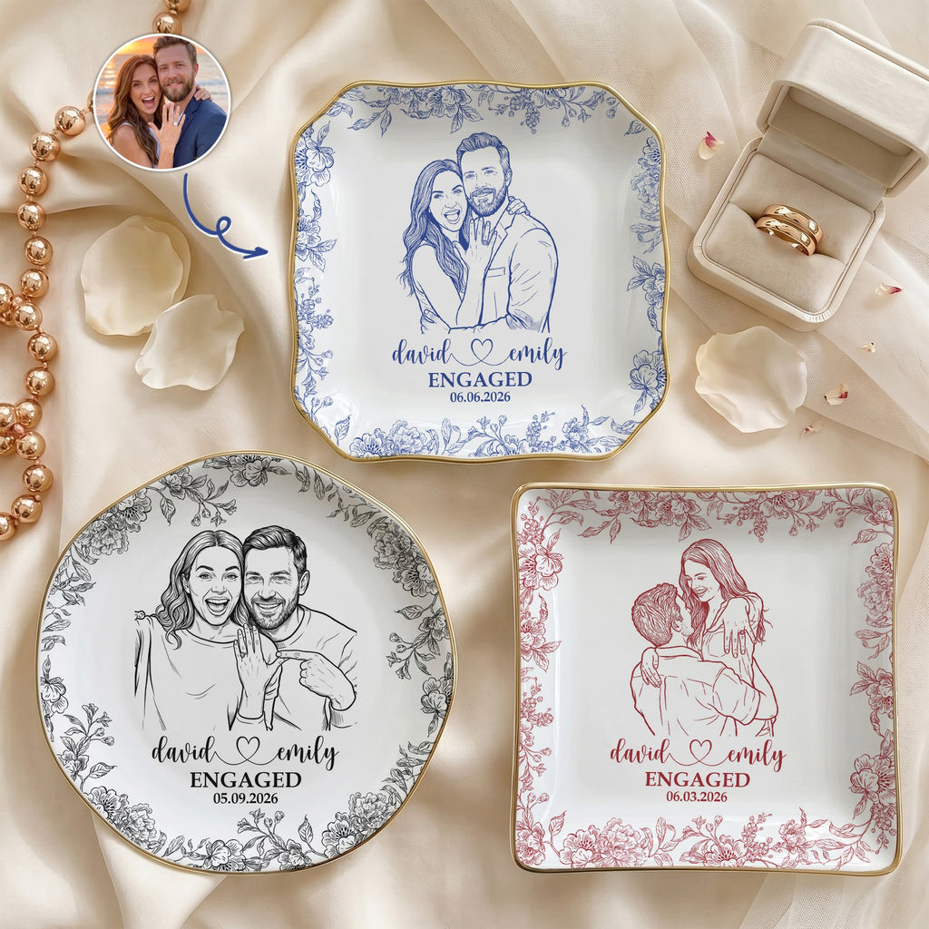 Custom Couple Portrait Ring Dish Engagement Gift For Her - Personalized Jewelry Dish