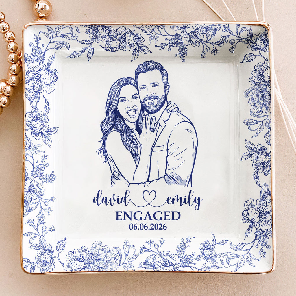 Custom Couple Portrait Ring Dish Engagement Gift For Her - Personalized Jewelry Dish