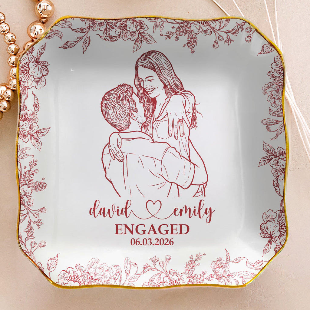 Custom Couple Portrait Ring Dish Engagement Gift For Her - Personalized Jewelry Dish