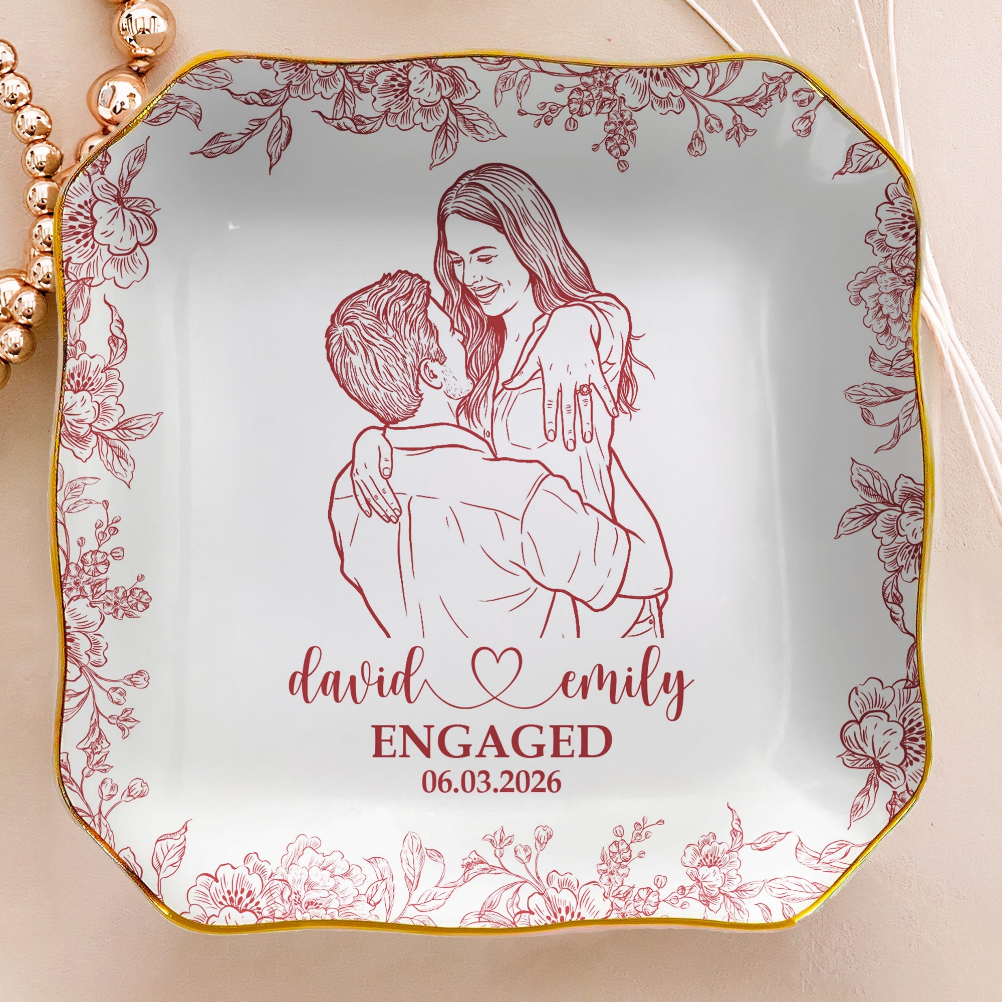 Custom Couple Portrait Ring Dish Engagement Gift For Her - Personalized Jewelry Dish