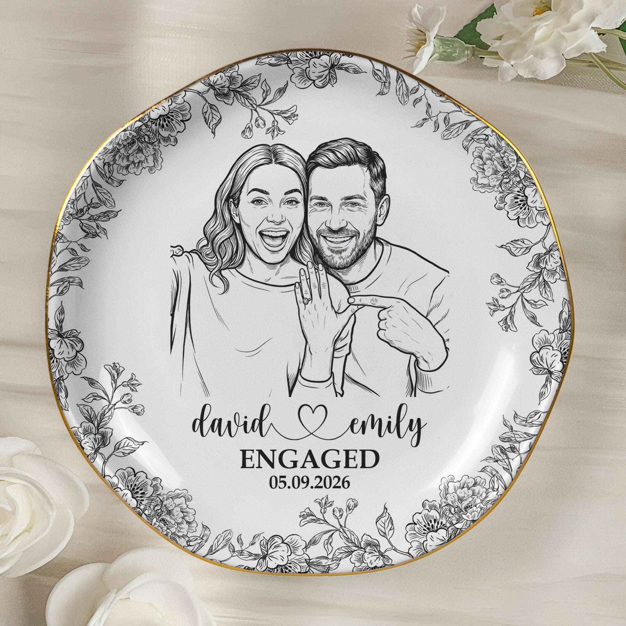 Custom Couple Portrait Ring Dish Engagement Gift For Her - Personalized Jewelry Dish