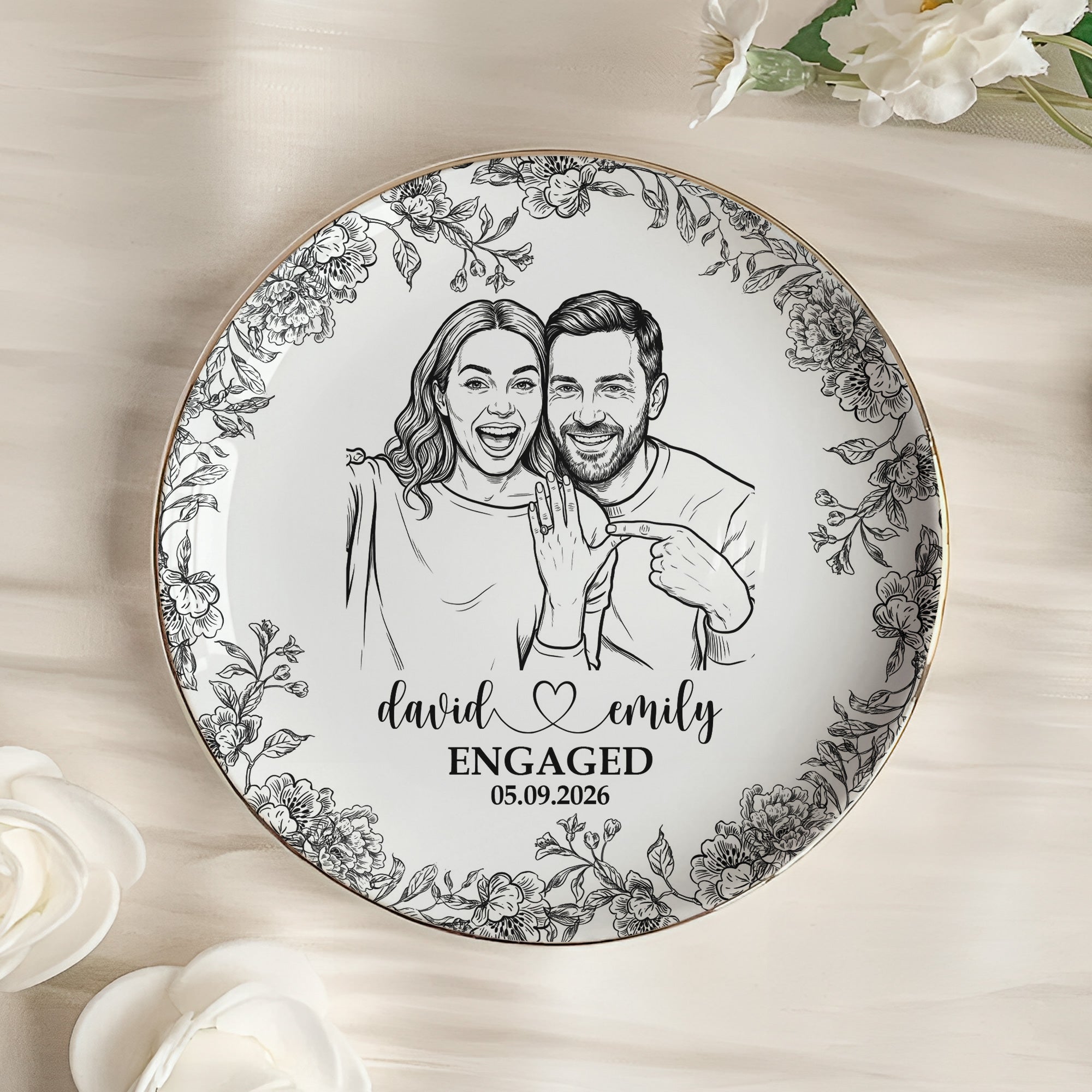 Custom Couple Portrait Ring Dish Engagement Gift For Her - Personalized Jewelry Dish