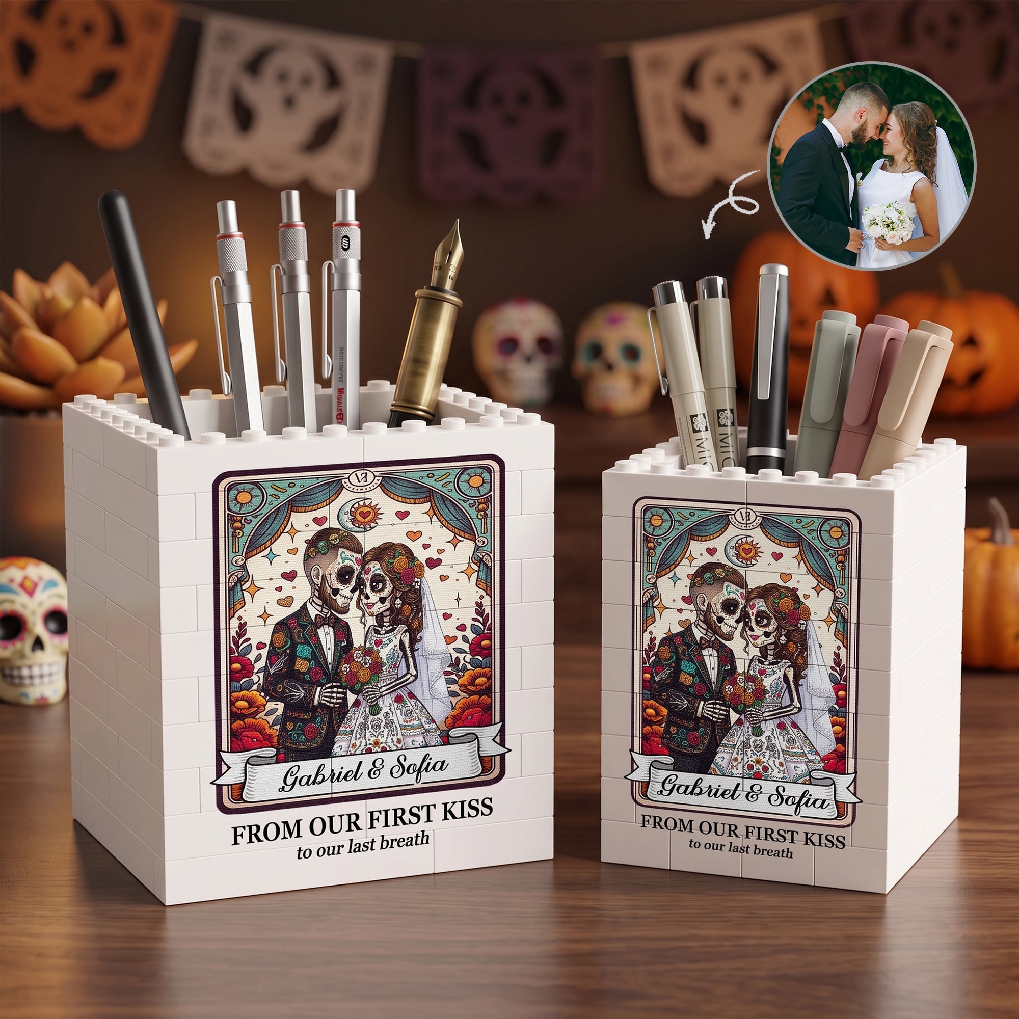 Custom Couple Portrait Till Death Do Us Part Day Of The Dead - Personalized Pen Holder