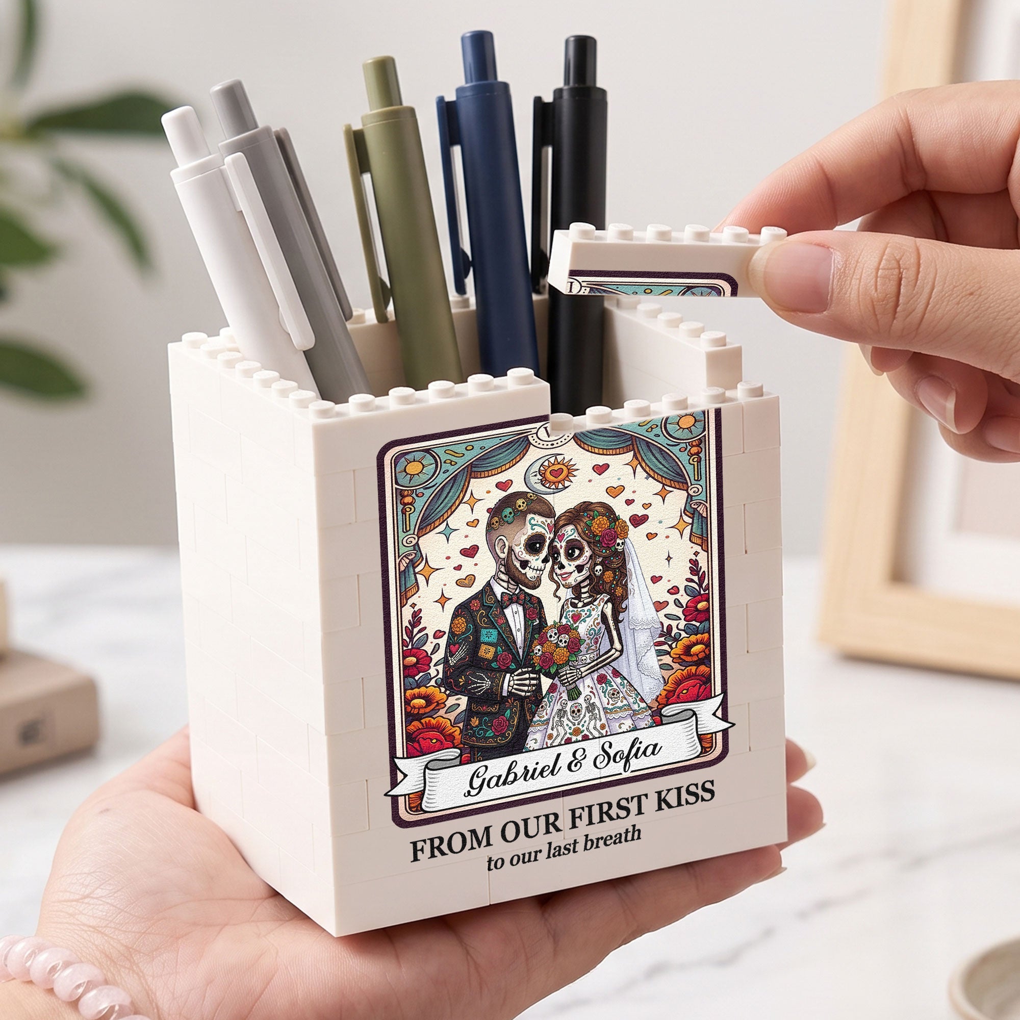 Custom Couple Portrait Till Death Do Us Part Day Of The Dead - Personalized Pen Holder