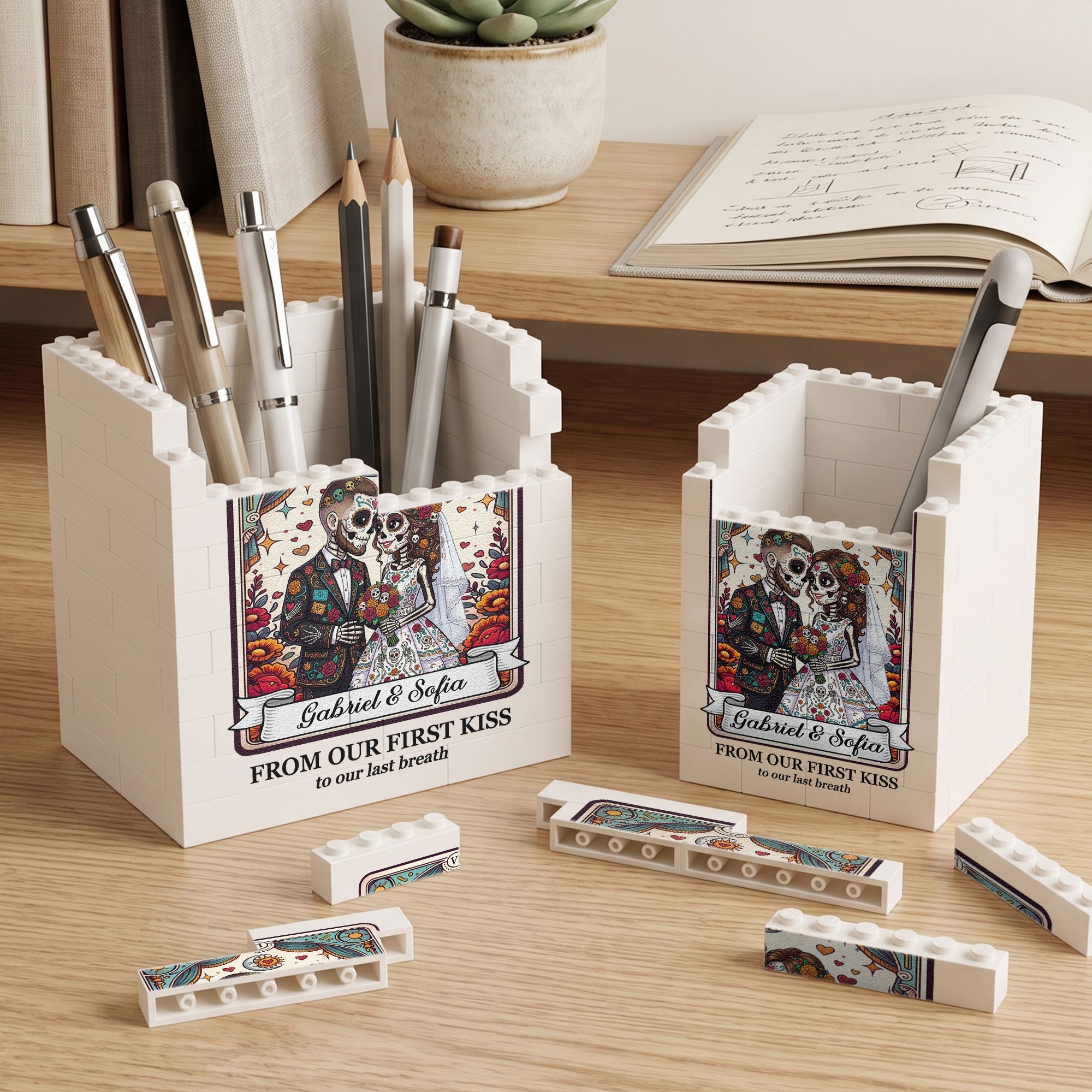 Custom Couple Portrait Till Death Do Us Part Day Of The Dead - Personalized Pen Holder