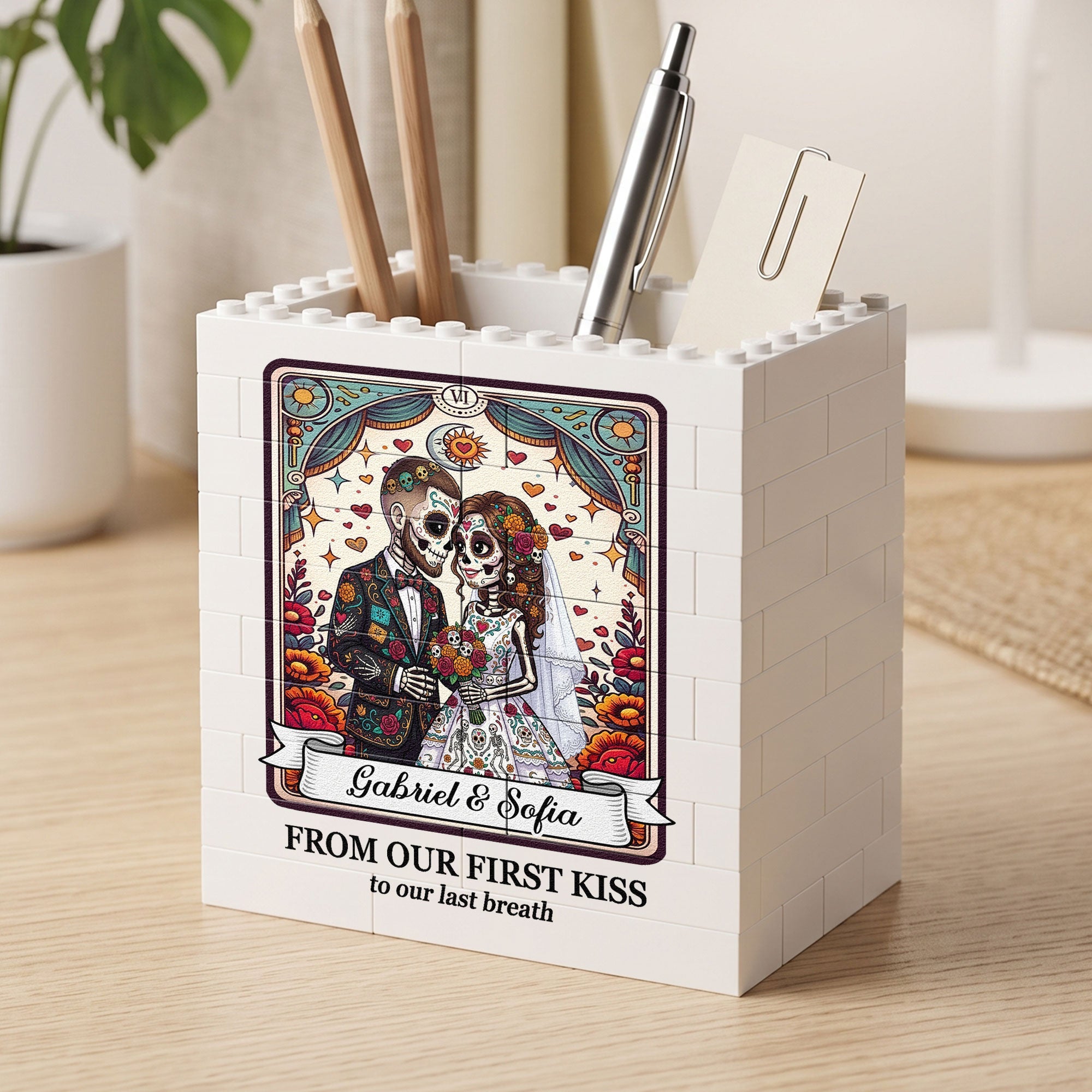 Custom Couple Portrait Till Death Do Us Part Day Of The Dead - Personalized Pen Holder
