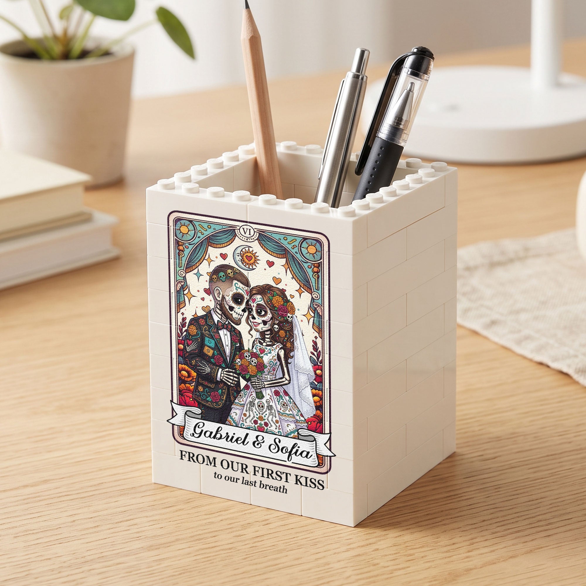 Custom Couple Portrait Till Death Do Us Part Day Of The Dead - Personalized Pen Holder
