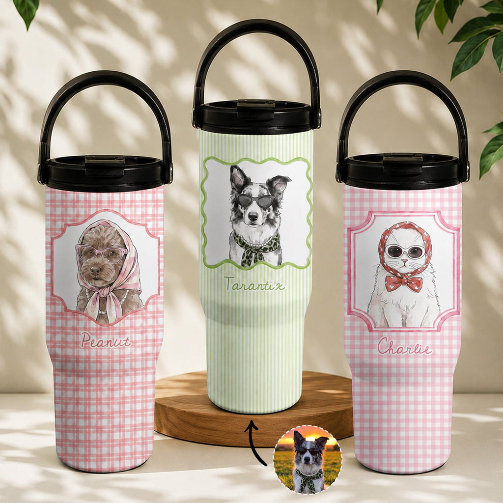 Custom Cup With Pet Photo Watercolor Art Striped Pattern - Personalized 30oz Tumbler