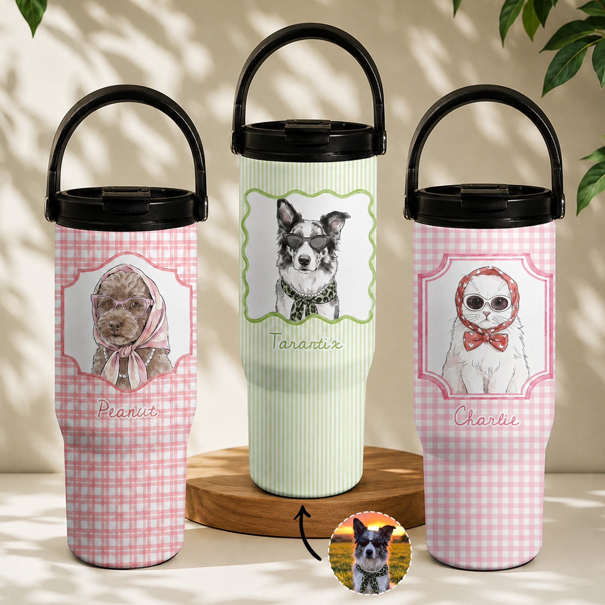 Custom Cup With Pet Photo Watercolor Art Striped Pattern - Personalized 30oz Tumbler