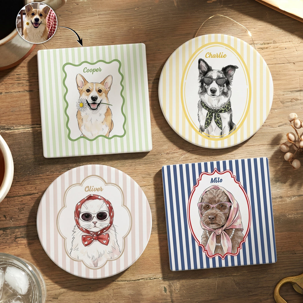 Custom Cup With Pet Photo Watercolor Art Striped Pattern - Personalized Coaster