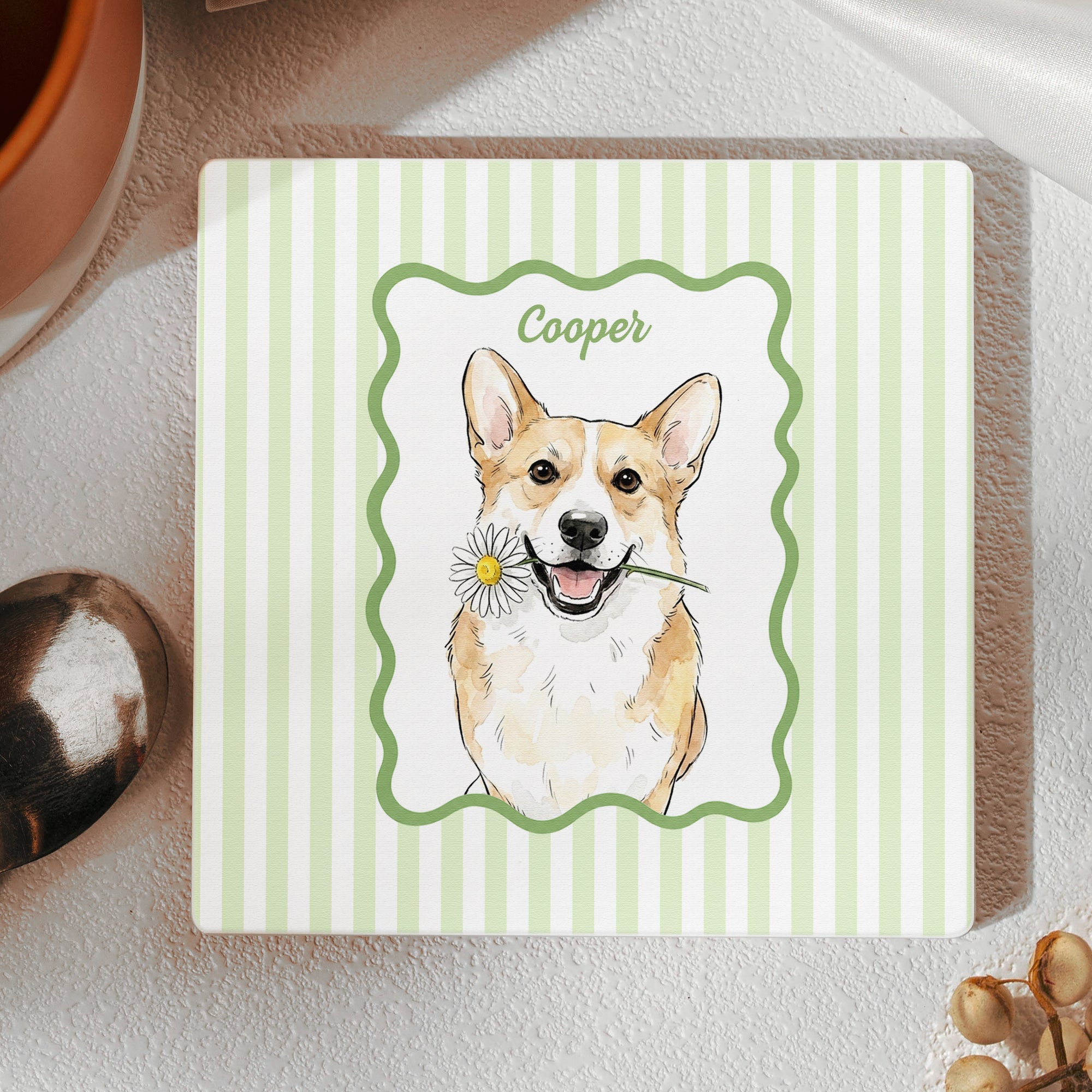 Custom Cup With Pet Photo Watercolor Art Striped Pattern - Personalized Coaster