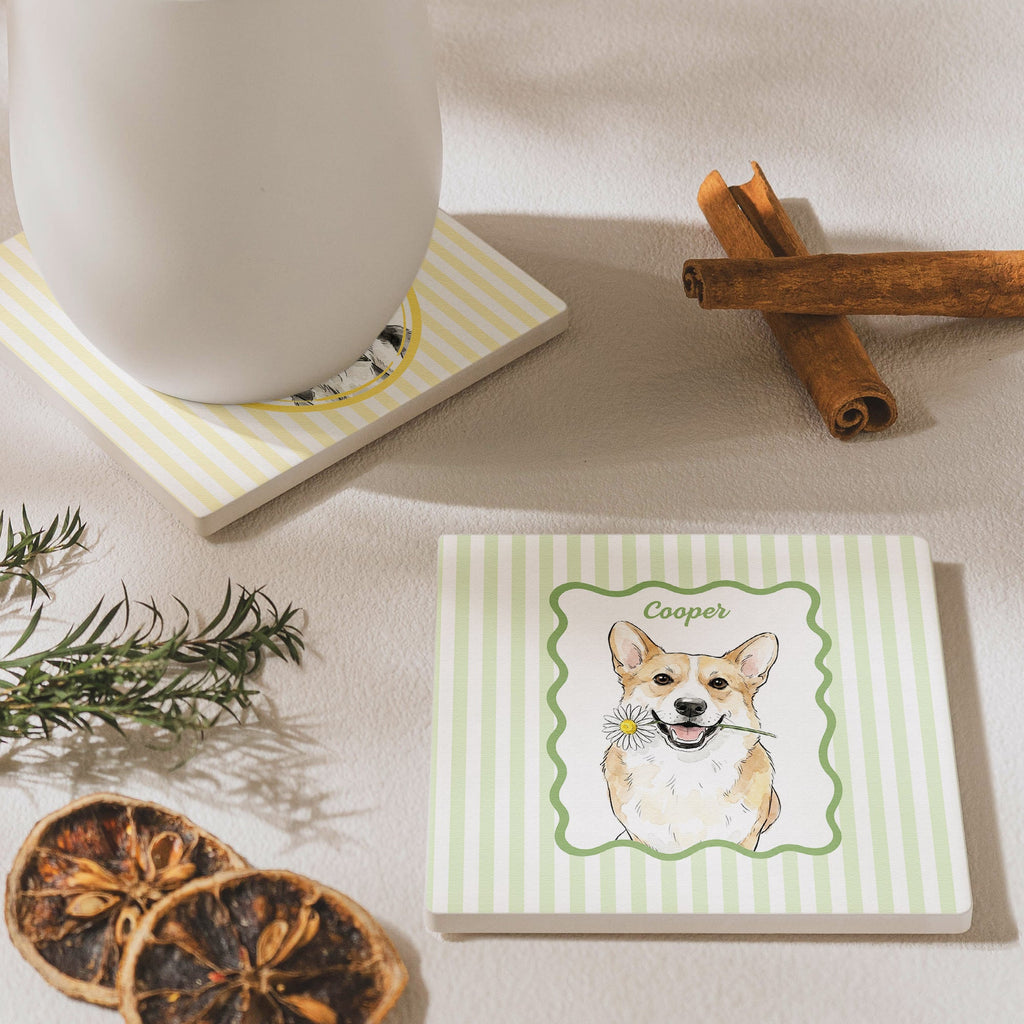 Custom Cup With Pet Photo Watercolor Art Striped Pattern - Personalized Coaster