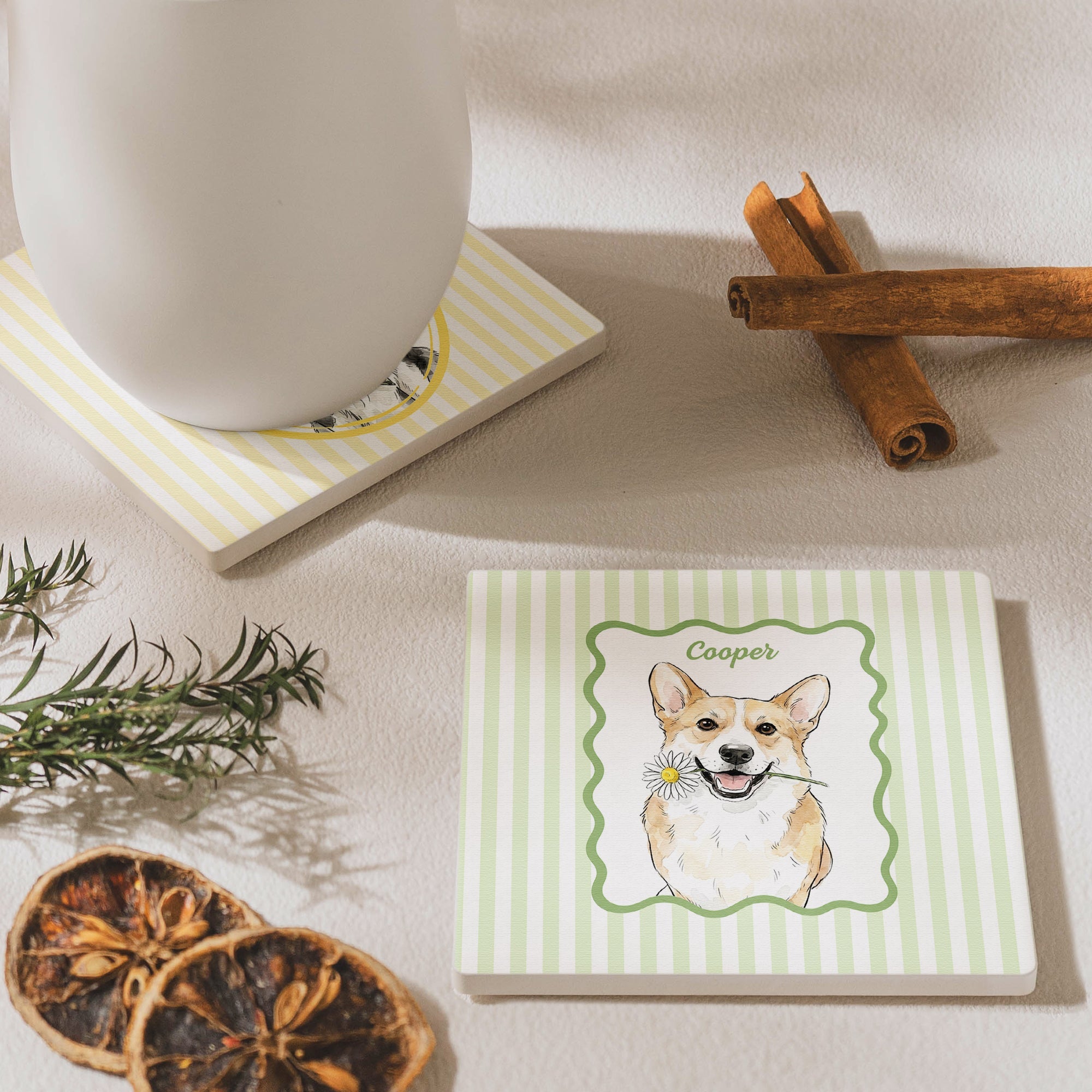 Custom Cup With Pet Photo Watercolor Art Striped Pattern - Personalized Coaster