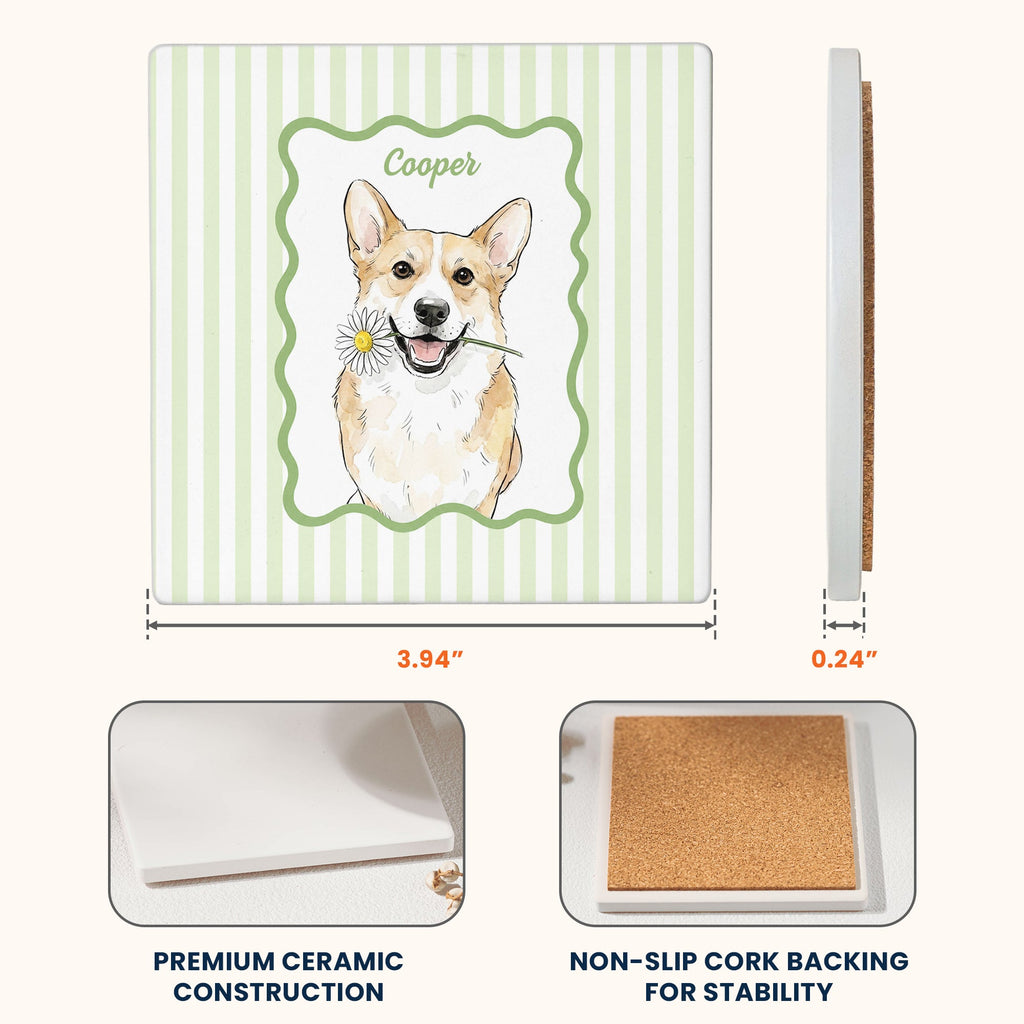 Custom Cup With Pet Photo Watercolor Art Striped Pattern - Personalized Coaster