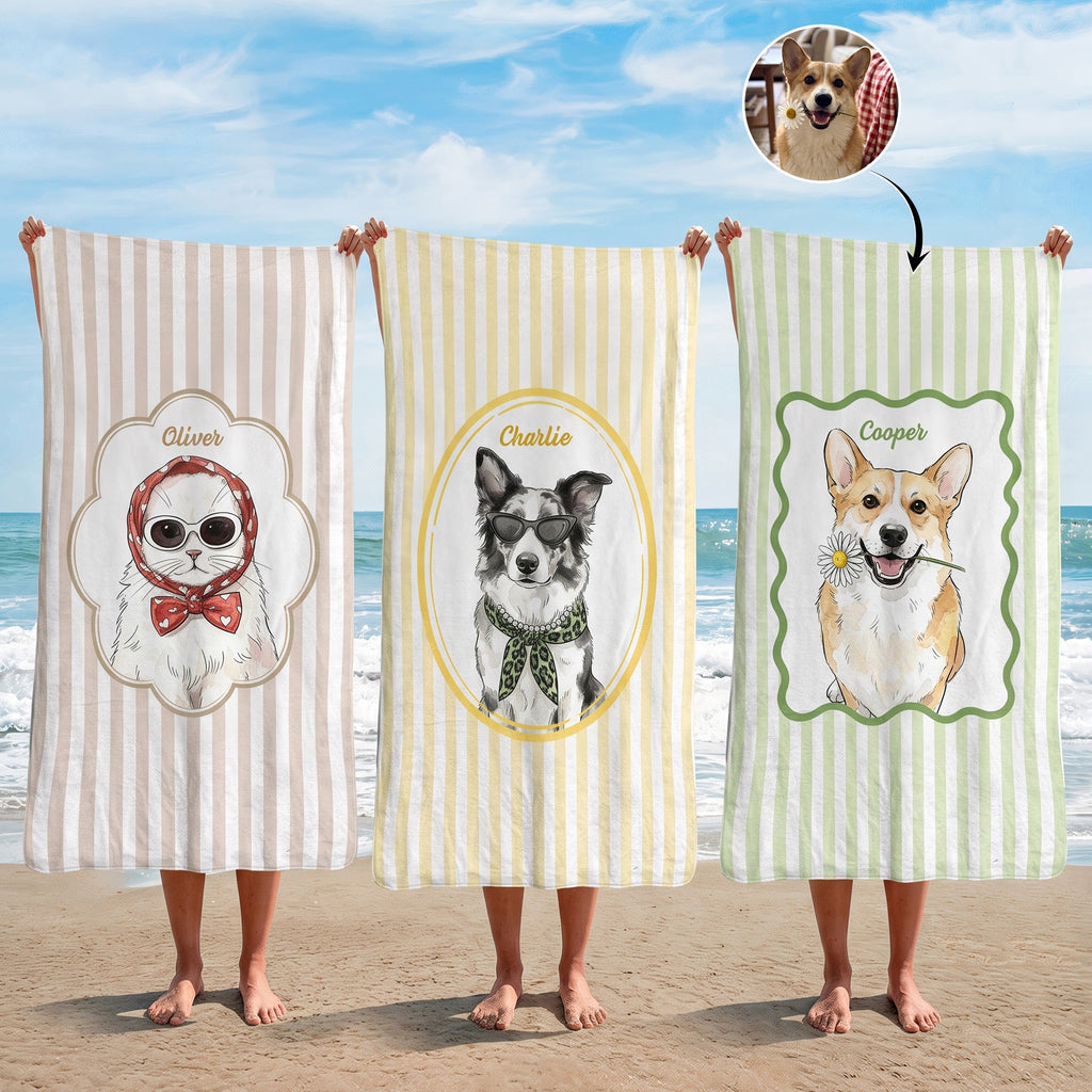 Custom Cute Pet Photo Watercolor Striped Pattern - Personalized Beach Towel