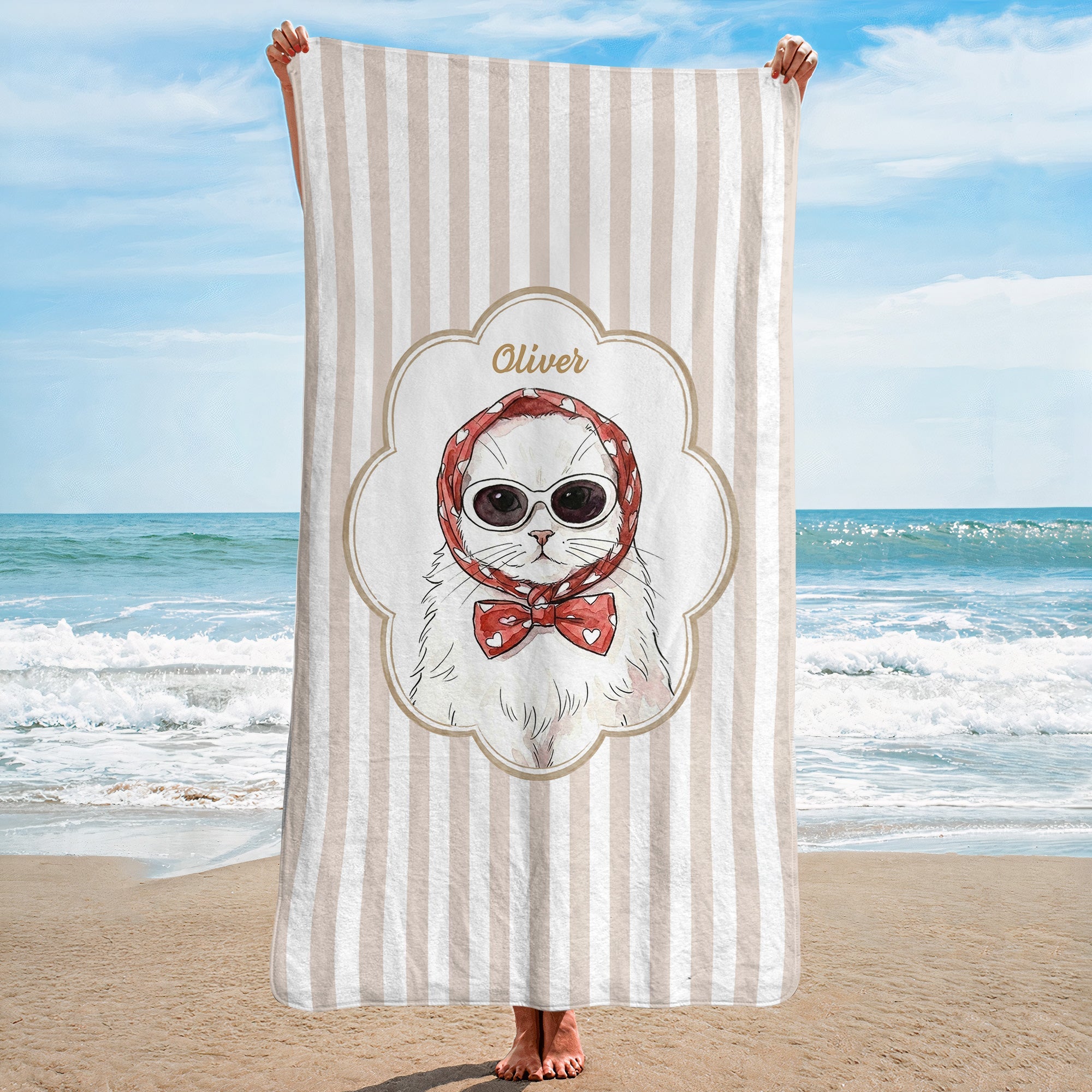 Custom Cute Pet Photo Watercolor Striped Pattern - Personalized Beach Towel
