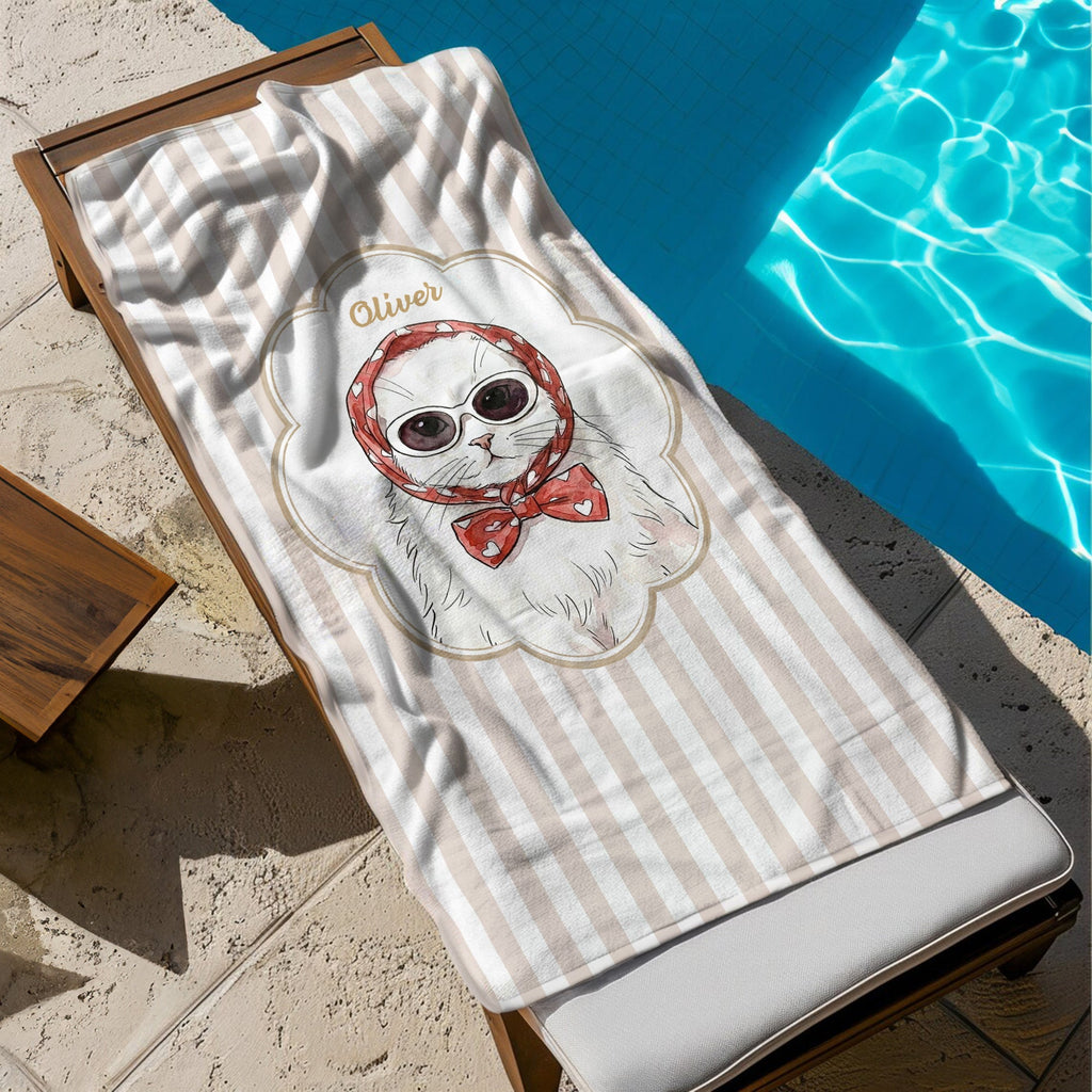 Custom Cute Pet Photo Watercolor Striped Pattern - Personalized Beach Towel