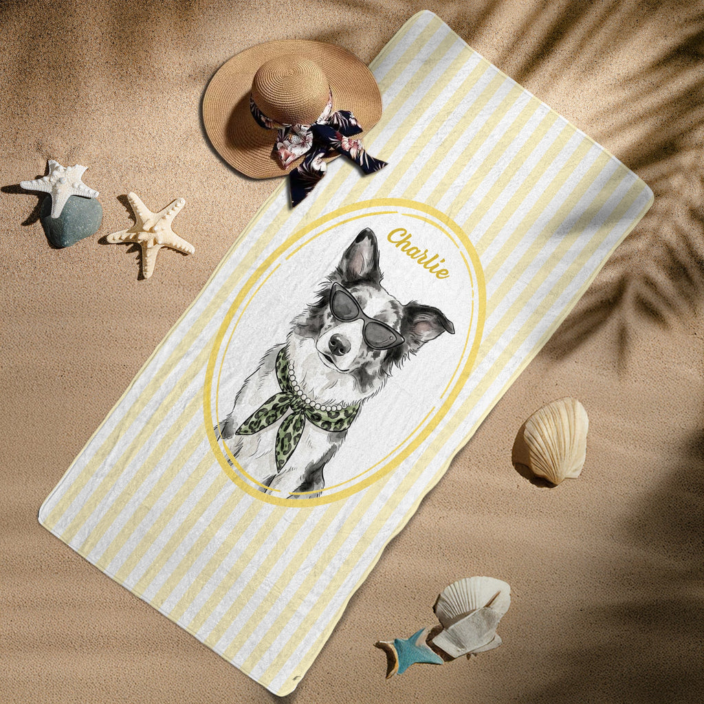 Custom Cute Pet Photo Watercolor Striped Pattern - Personalized Beach Towel