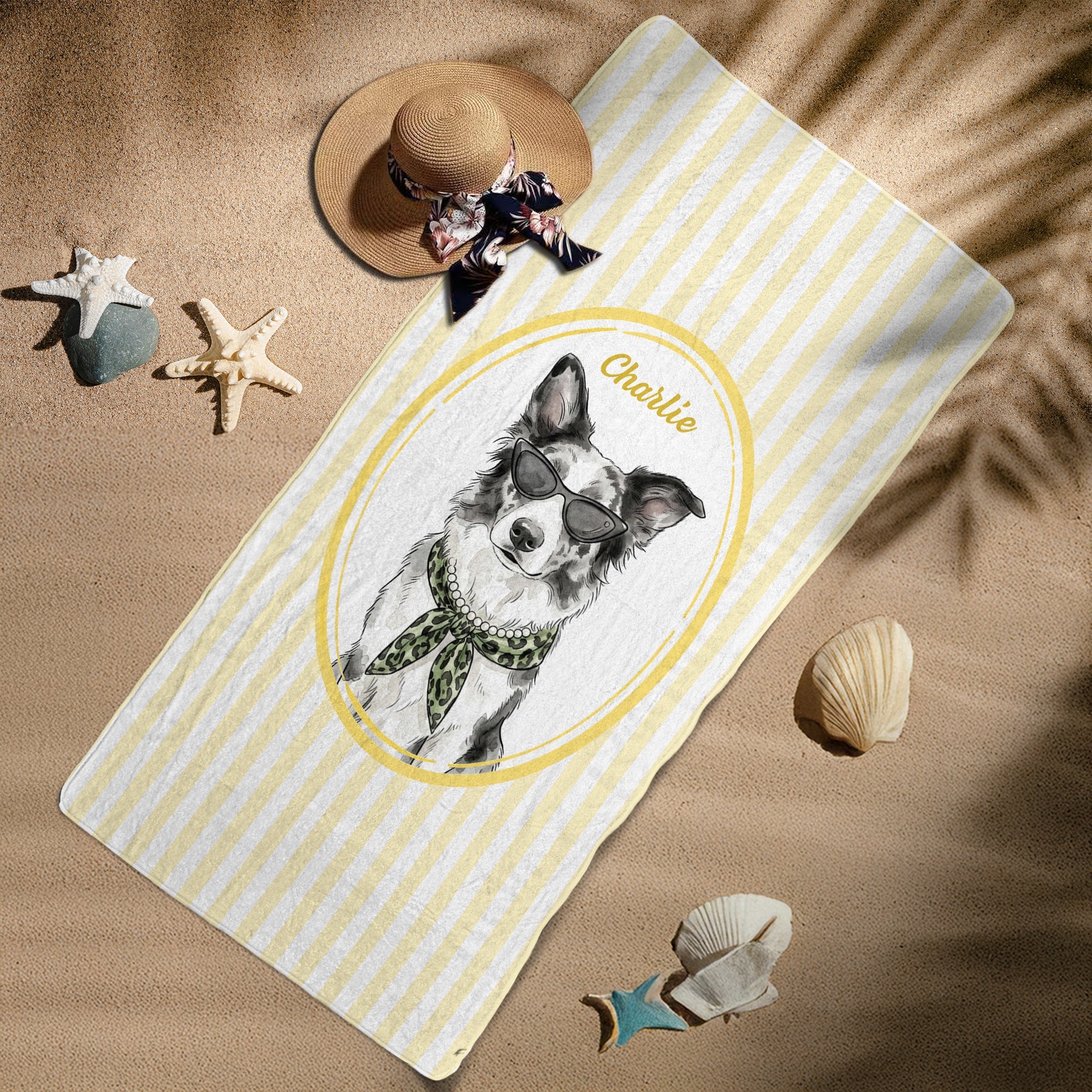 Custom Cute Pet Photo Watercolor Striped Pattern - Personalized Beach Towel