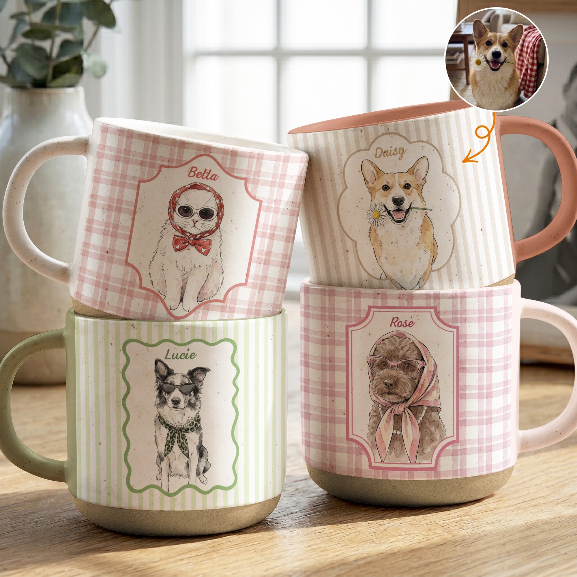 Custom Cute Pet Photo Watercolor Striped Pattern - Personalized Mug