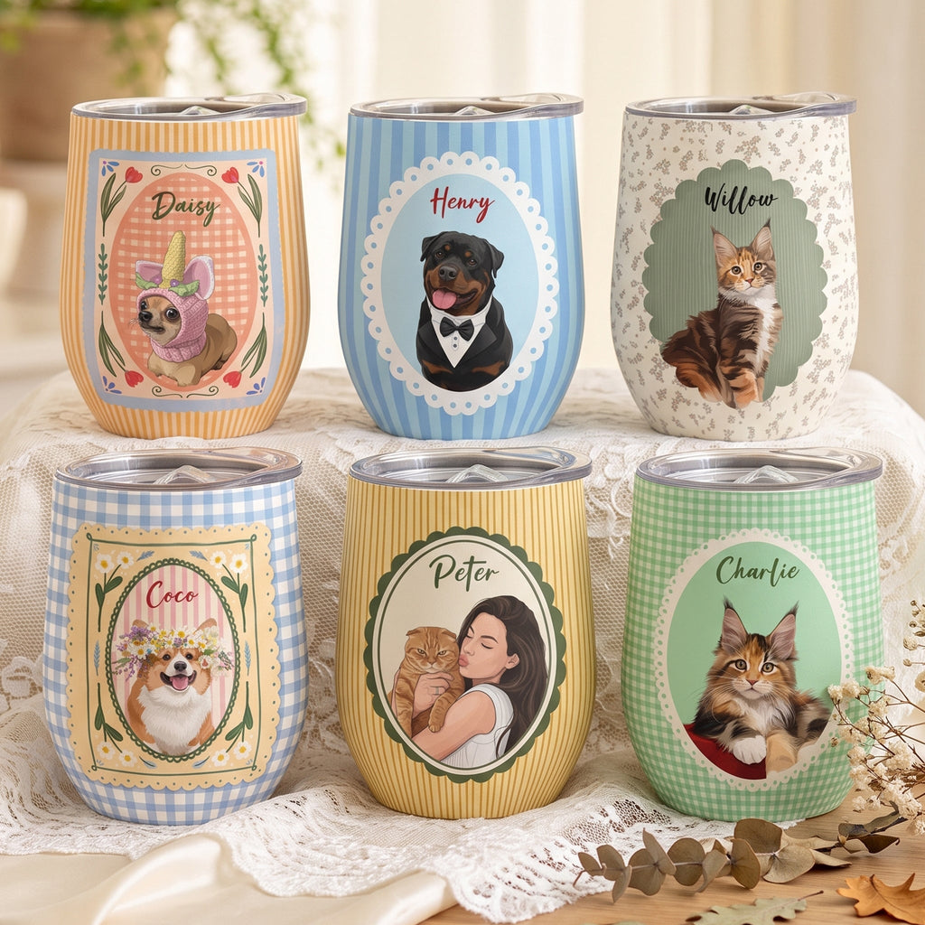 Custom Dog Cat Portrait - Turn Pet Photo Into Art - Retro Frame - Personalized Wine Tumbler