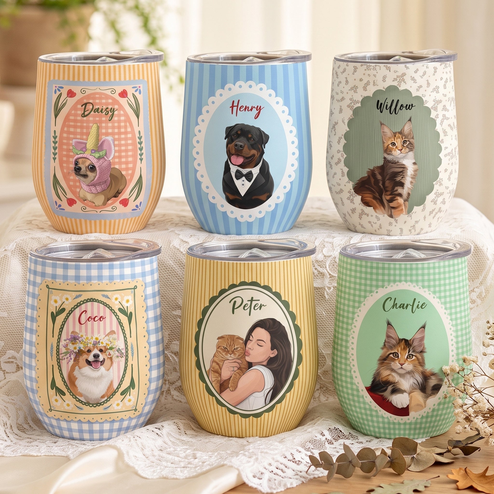 Custom Dog Cat Portrait - Turn Pet Photo Into Art - Retro Frame - Personalized Wine Tumbler