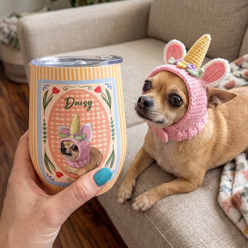Custom Dog Cat Portrait - Turn Pet Photo Into Art - Retro Frame - Personalized Wine Tumbler