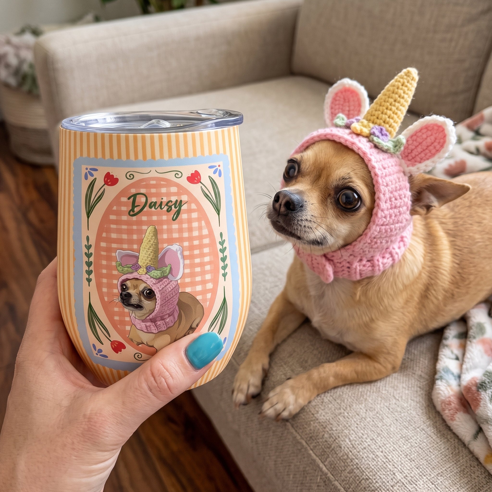 Custom Dog Cat Portrait - Turn Pet Photo Into Art - Retro Frame - Personalized Wine Tumbler