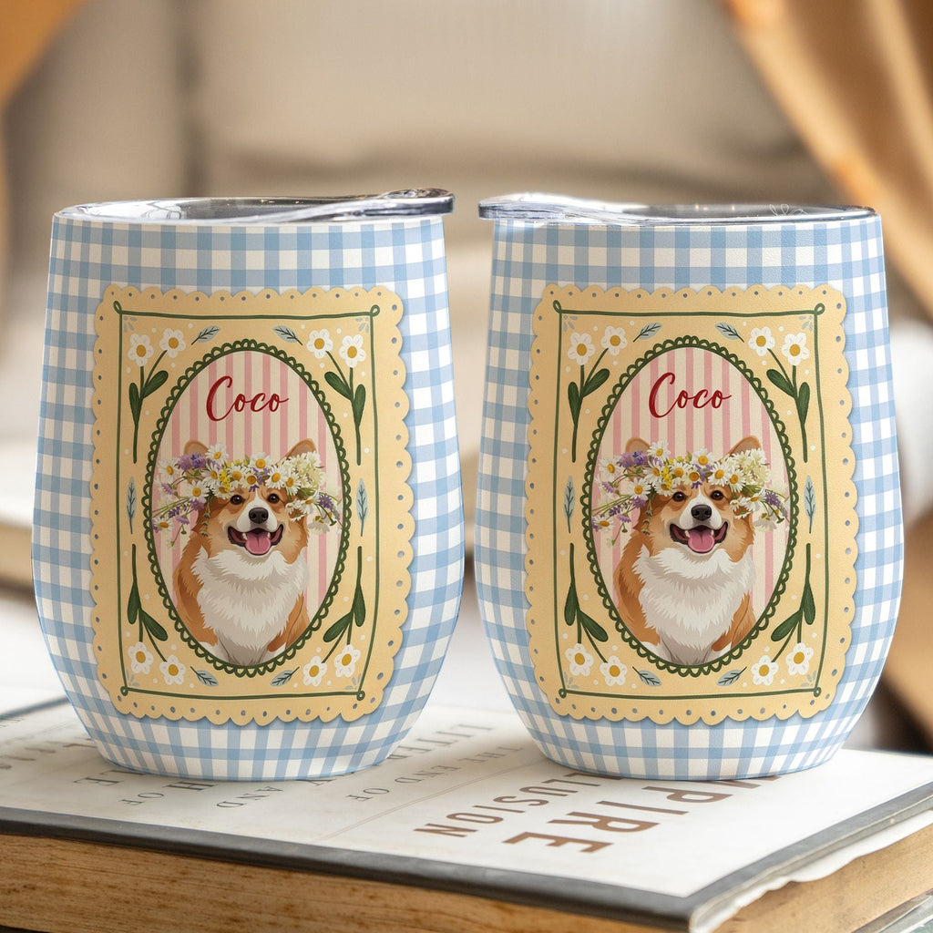 Custom Dog Cat Portrait - Turn Pet Photo Into Art - Retro Frame - Personalized Wine Tumbler