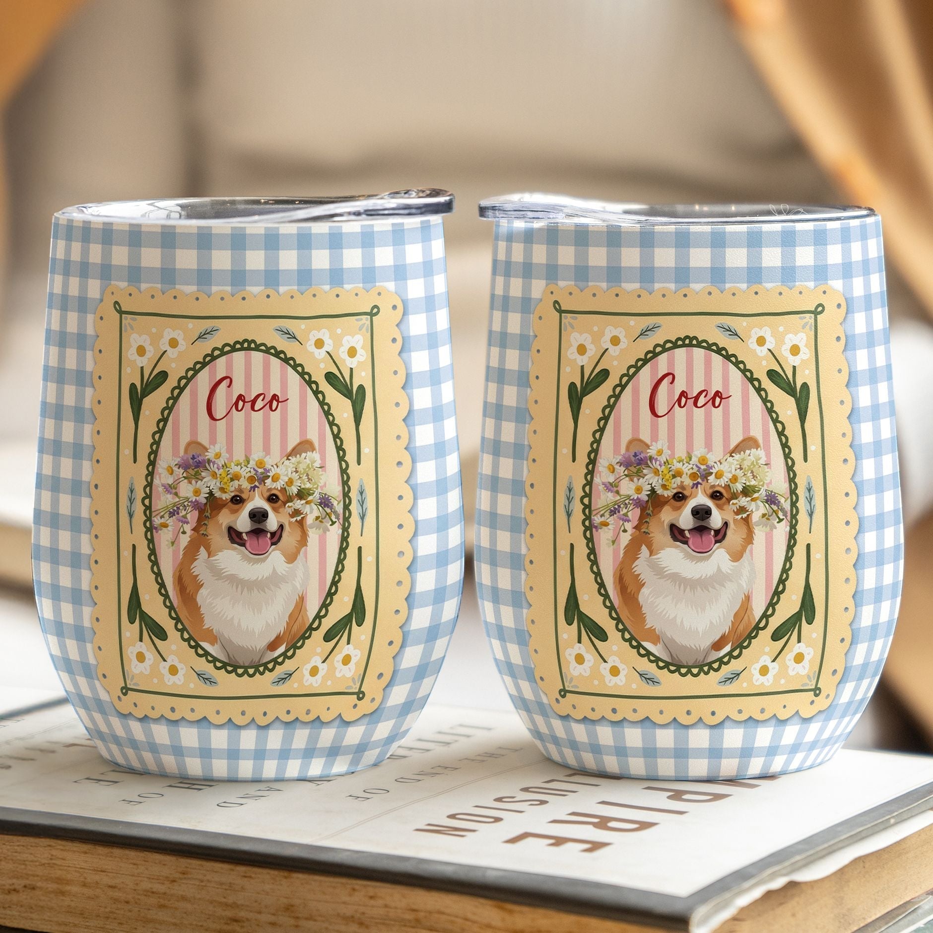 Custom Dog Cat Portrait - Turn Pet Photo Into Art - Retro Frame - Personalized Wine Tumbler