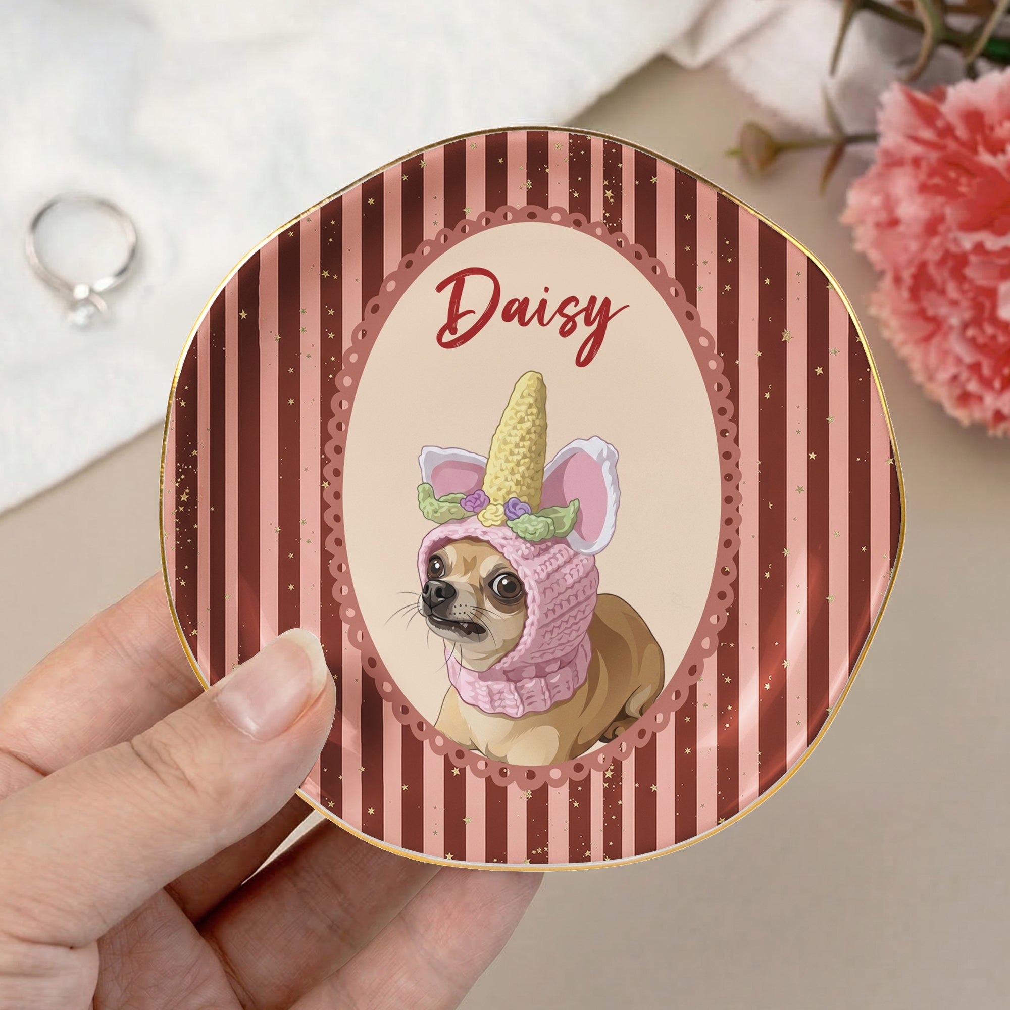 Custom Dog Cat Portrait - Turn Pet Photo Into Art - Vintage Retro Frame - Personalized Jewelry Dish