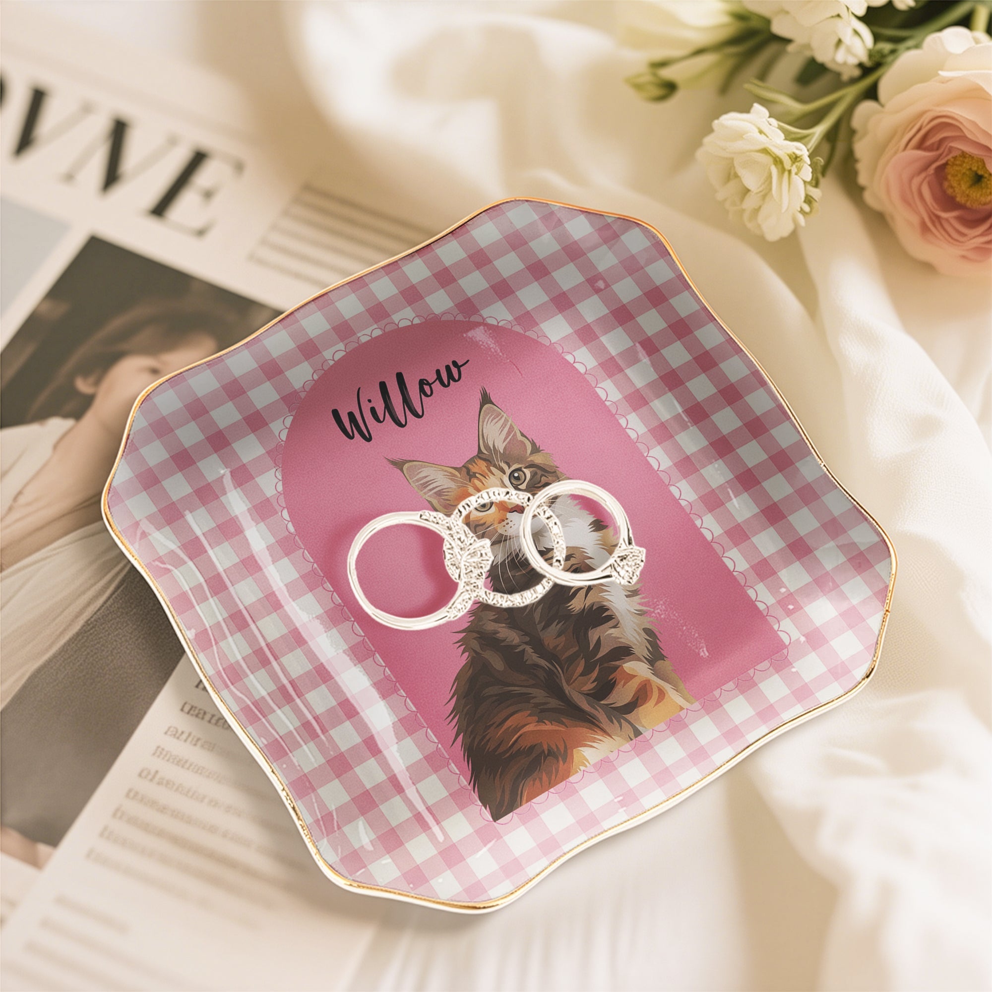 Custom Dog Cat Portrait - Turn Pet Photo Into Art - Vintage Retro Frame - Personalized Jewelry Dish