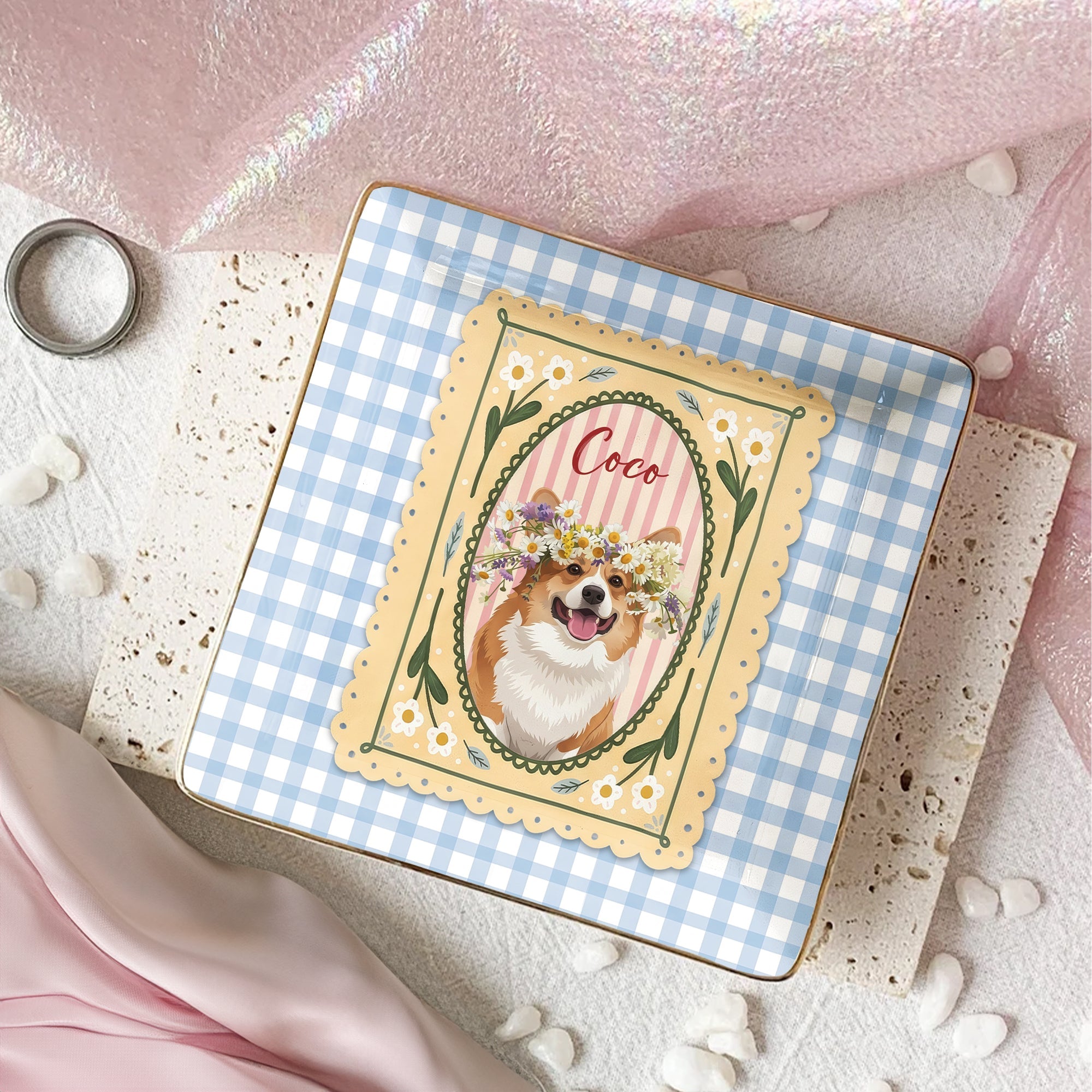 Custom Dog Cat Portrait - Turn Pet Photo Into Art - Vintage Retro Frame - Personalized Jewelry Dish