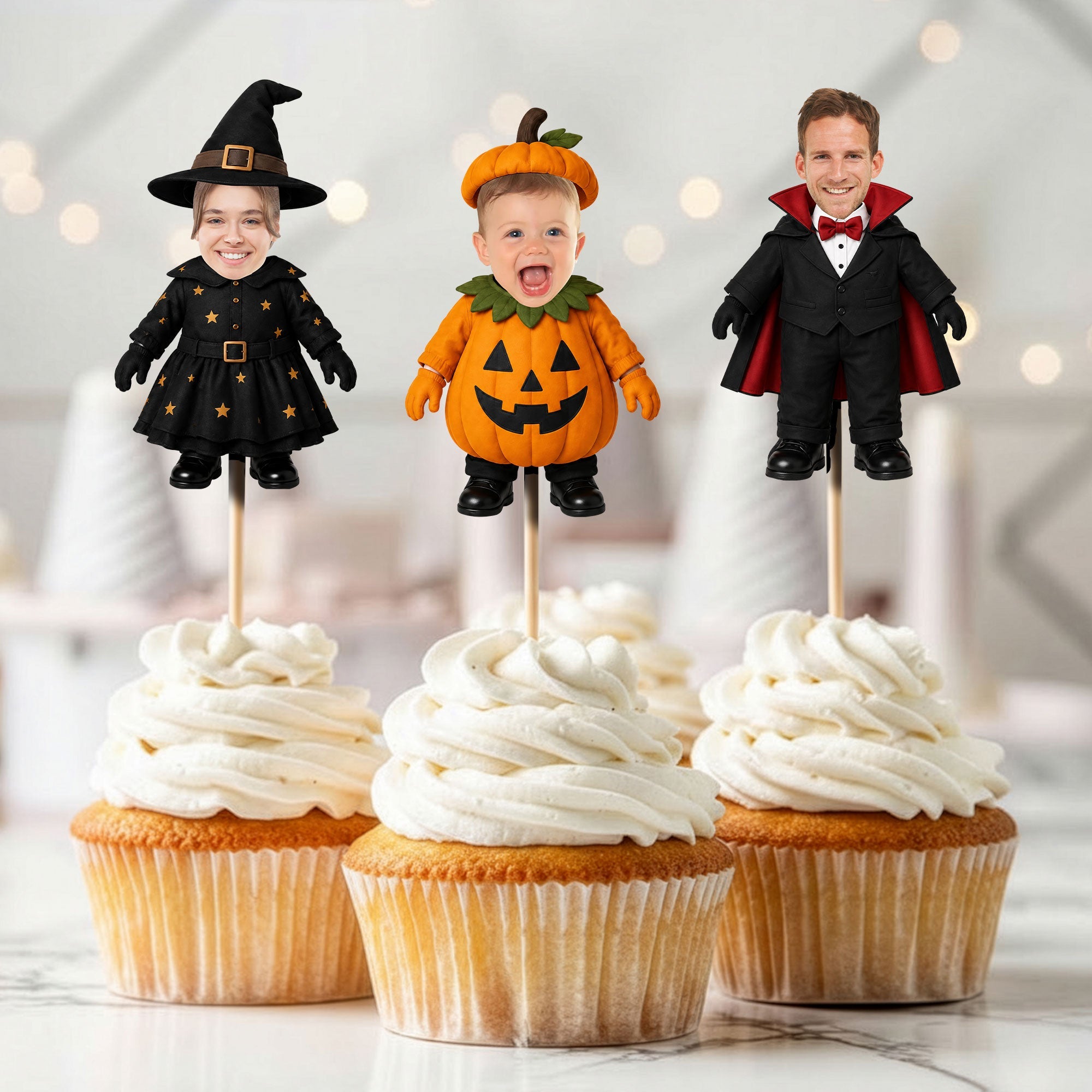 Custom Face Baby Halloween, Spooky Birthday Decor - Personalized Cupcake Toppers