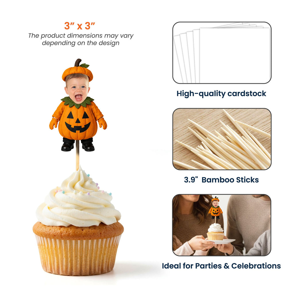 Custom Face Baby Halloween, Spooky Birthday Decor - Personalized Cupcake Toppers