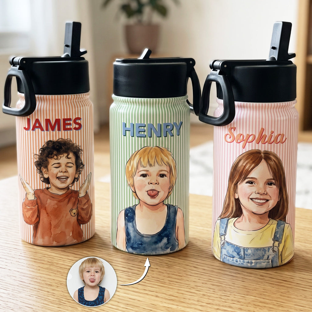 Custom Kid Photo & Name Colorful Striped Pattern - Personalized Water Bottle
