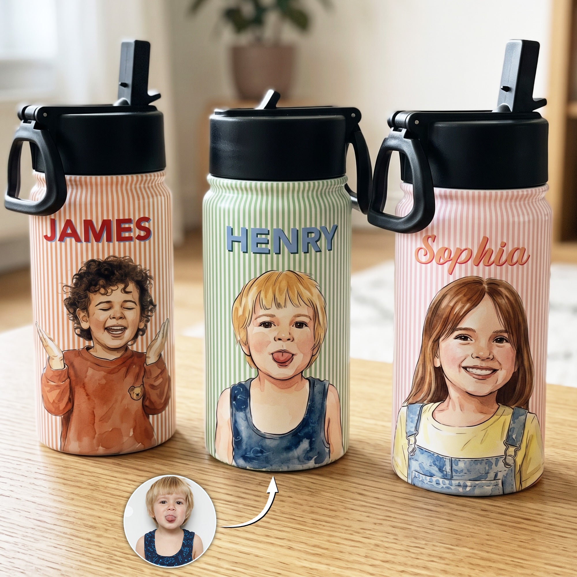 Custom Kid Photo & Name Colorful Striped Pattern - Personalized Water Bottle