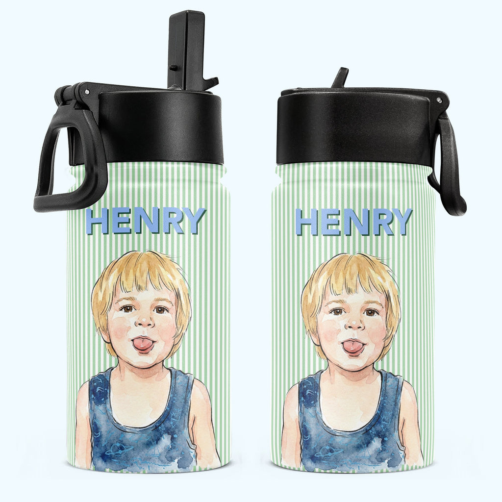 Custom Kid Photo & Name Colorful Striped Pattern - Personalized Water Bottle