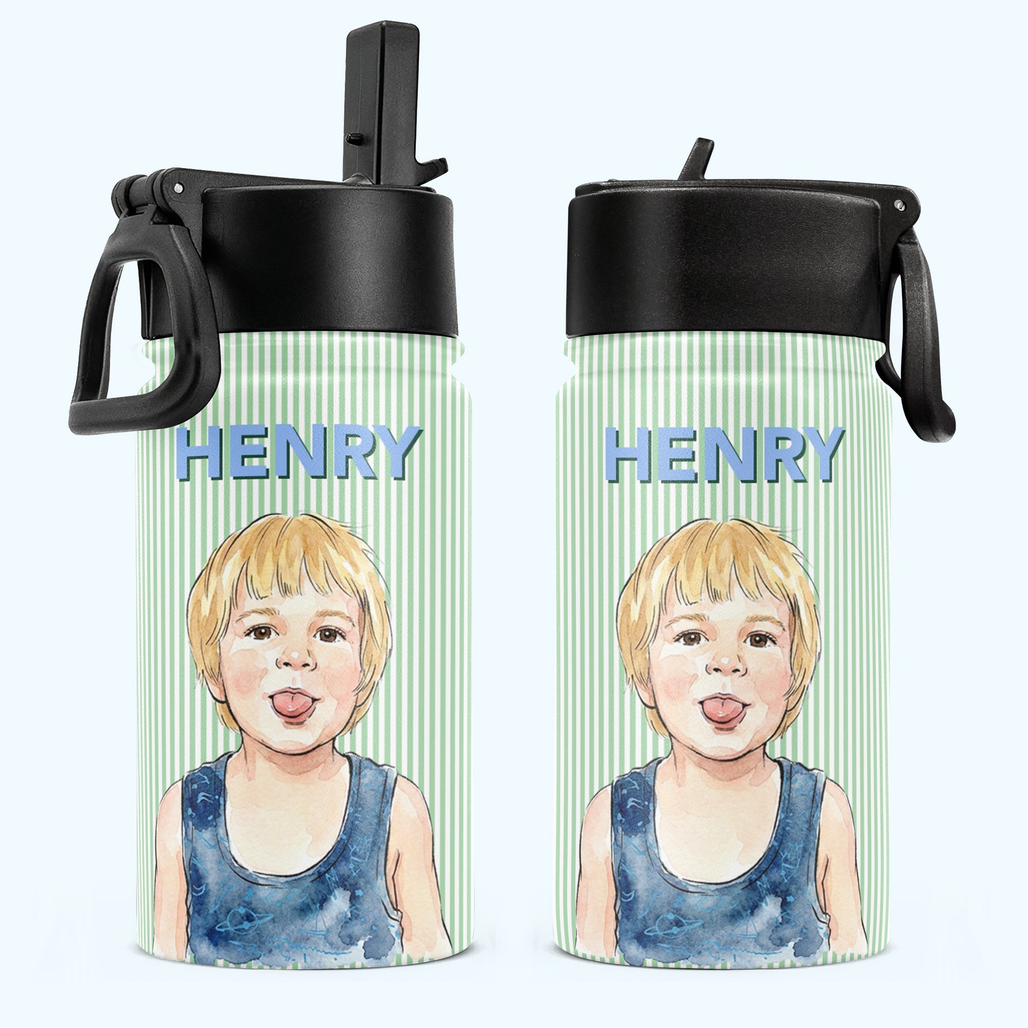 Custom Kid Photo & Name Colorful Striped Pattern - Personalized Water Bottle