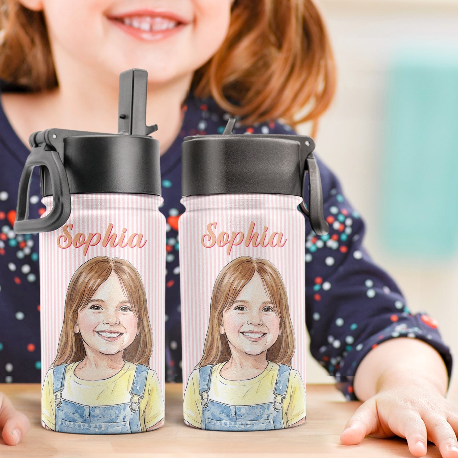 Custom Kid Photo & Name Colorful Striped Pattern - Personalized Water Bottle