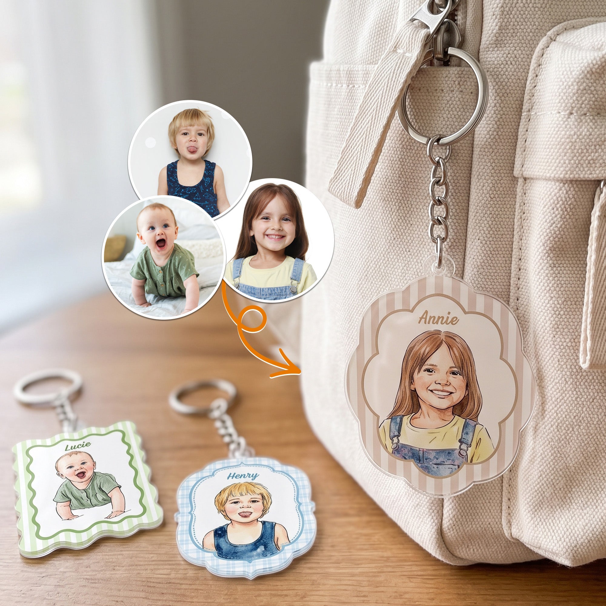 Custom Kid Photo Watercolor Art Acrylic Bag Tag - Personalized Keychain