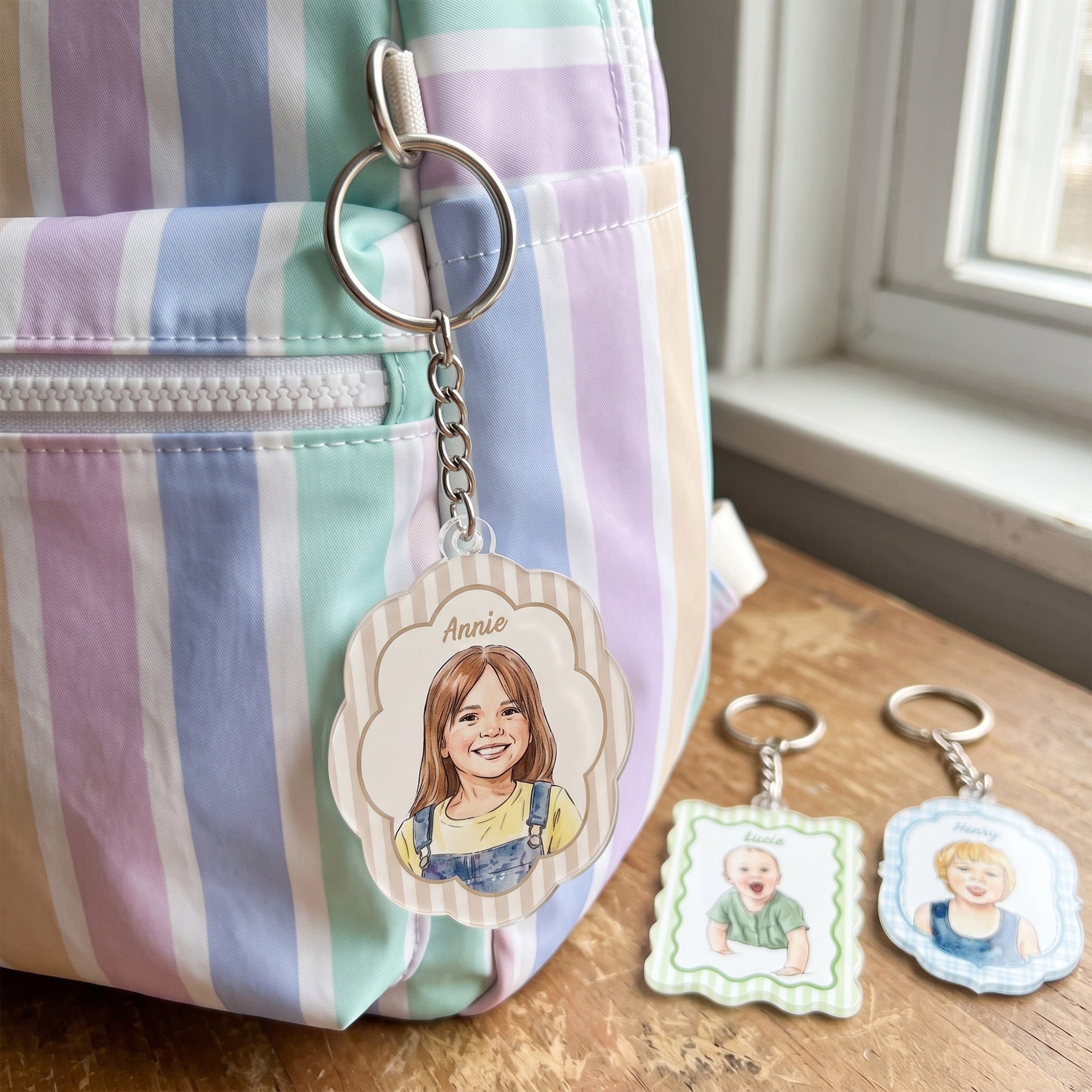 Custom Kid Photo Watercolor Art Acrylic Bag Tag - Personalized Keychain