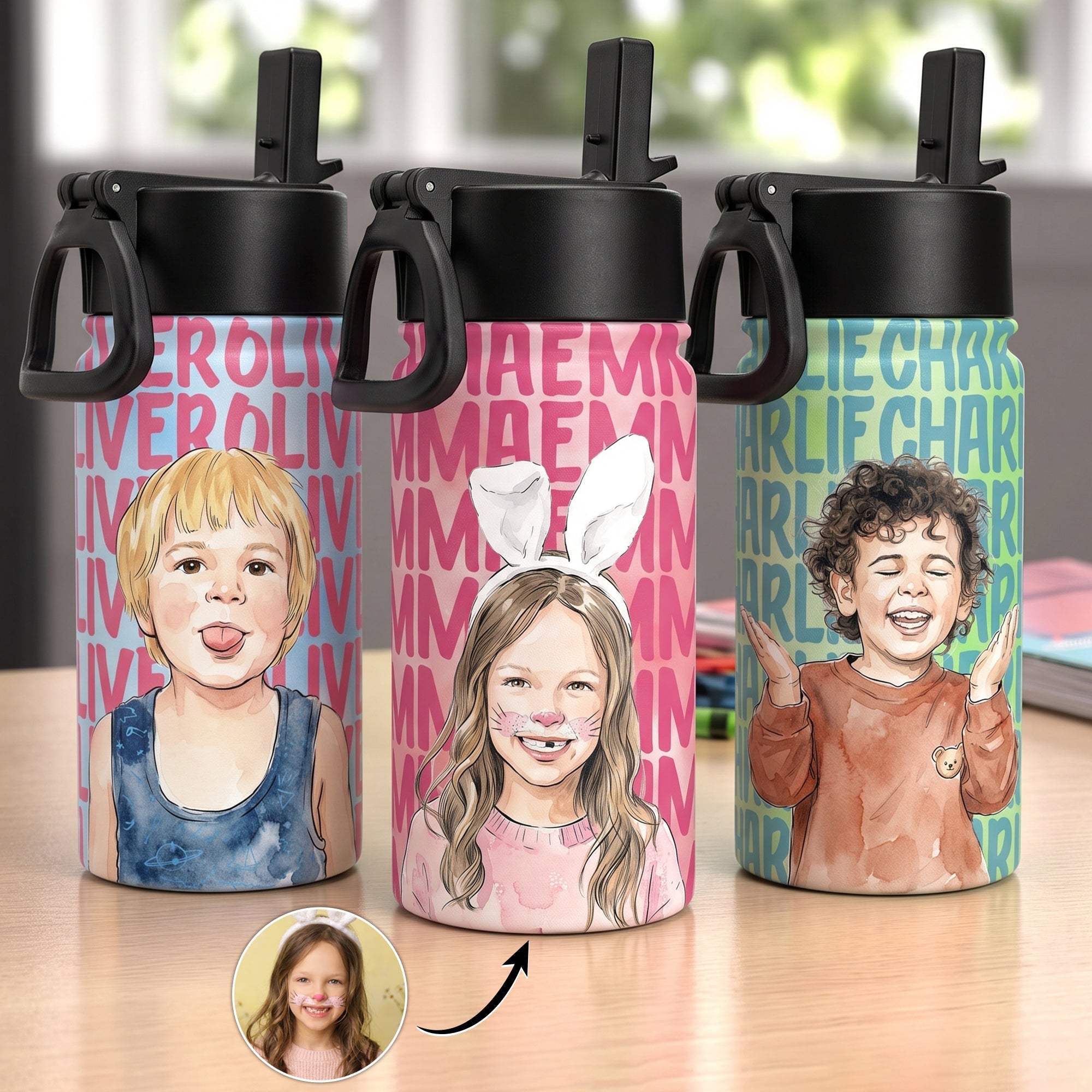 Custom Kid Photo Watercolor Back To School Gifts For Son, Daughter, Grandkids - Personalized Water Bottle