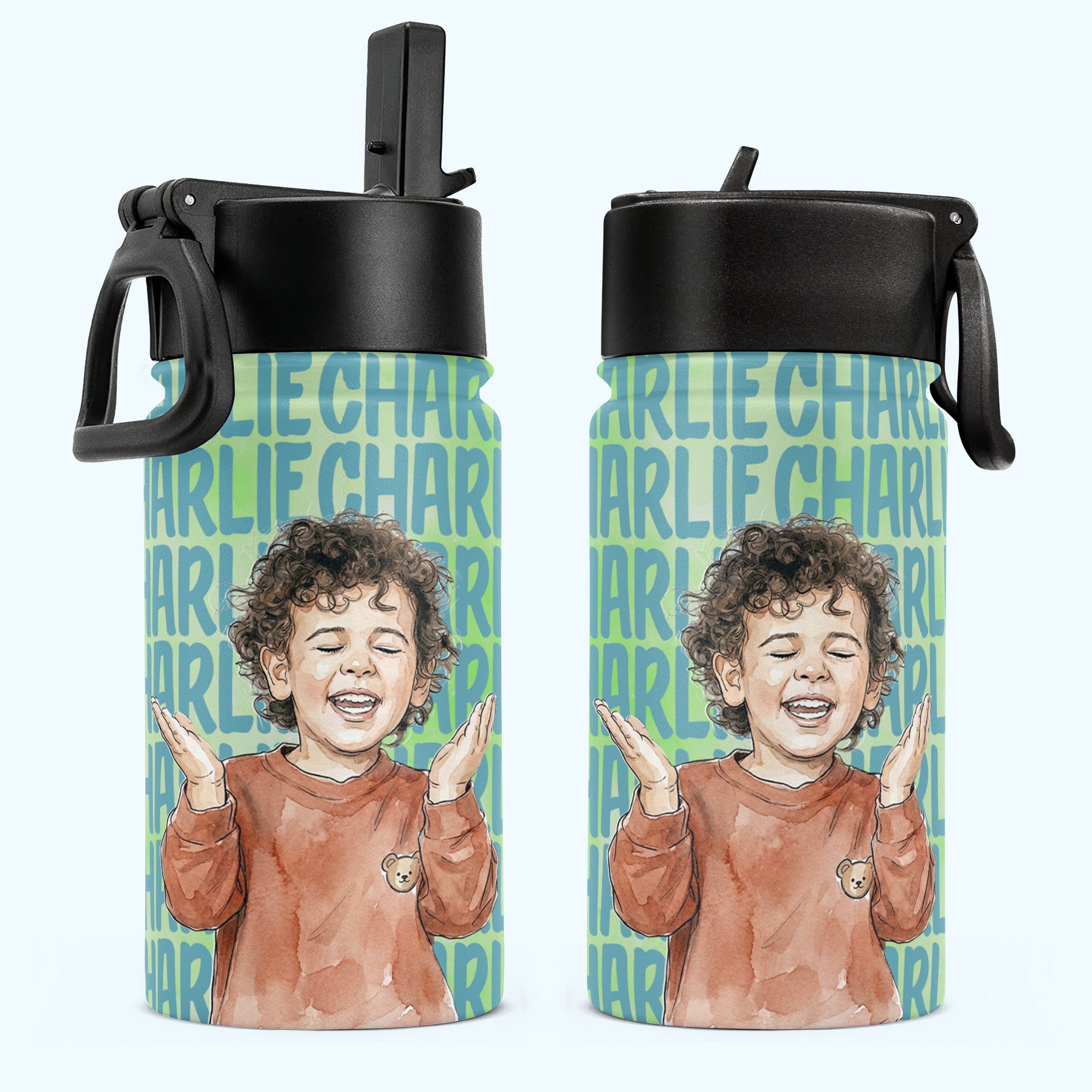 Custom Kid Photo Watercolor Back To School Gifts For Son, Daughter, Grandkids - Personalized Water Bottle