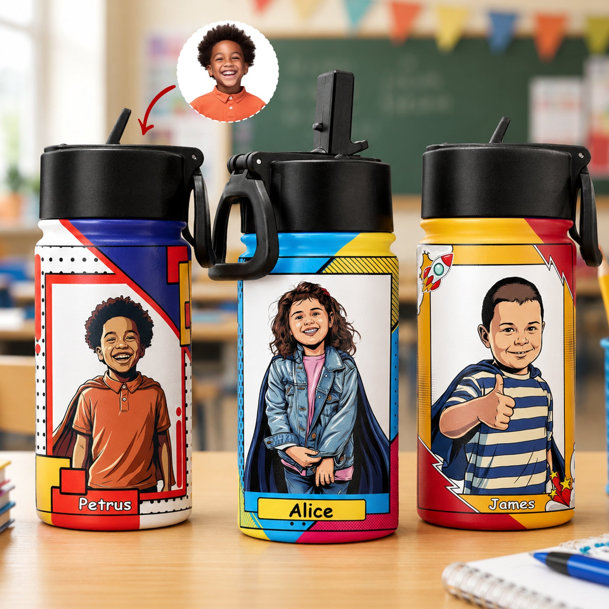 Custom Kid Portrait Vintage Retro Art Comic Cover Style - Personalized Water Bottle