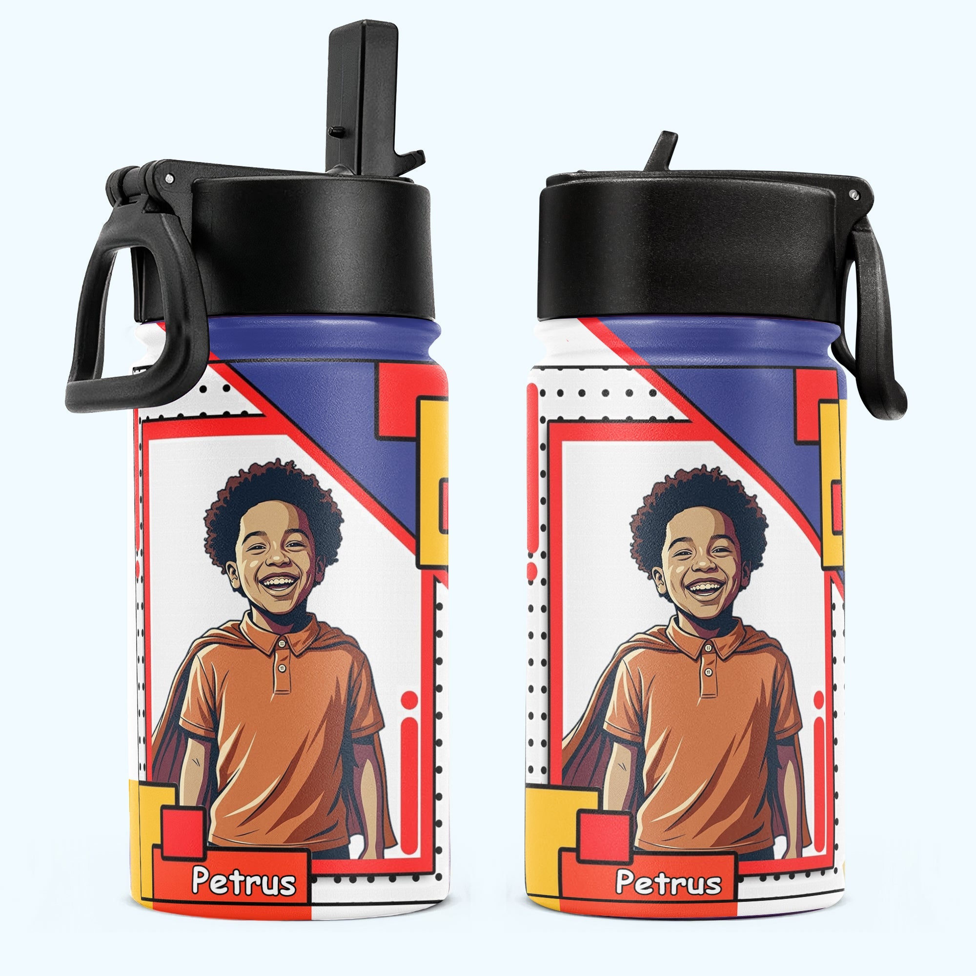 Custom Kid Portrait Vintage Retro Art Comic Cover Style - Personalized Water Bottle
