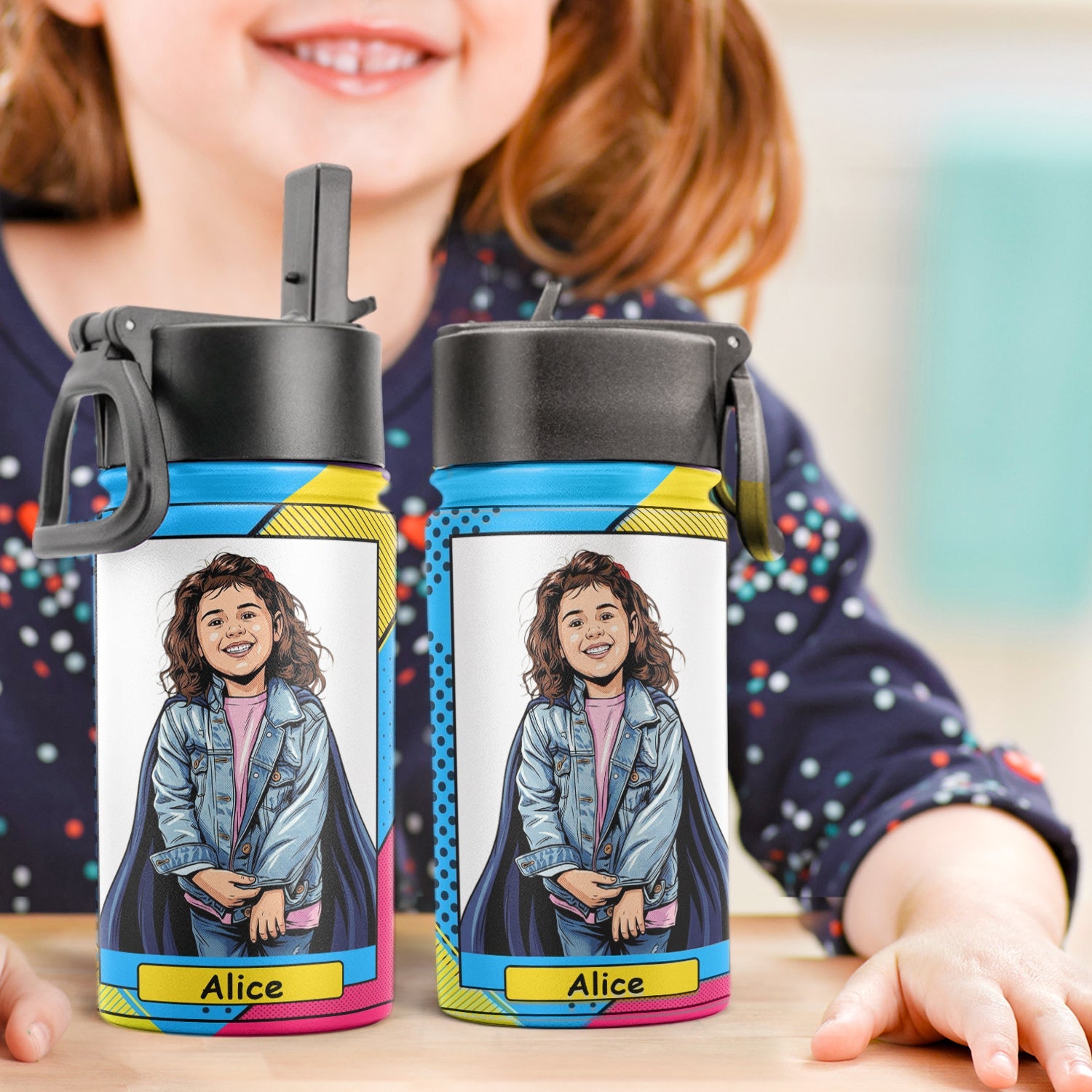 Custom Kid Portrait Vintage Retro Art Comic Cover Style - Personalized Water Bottle
