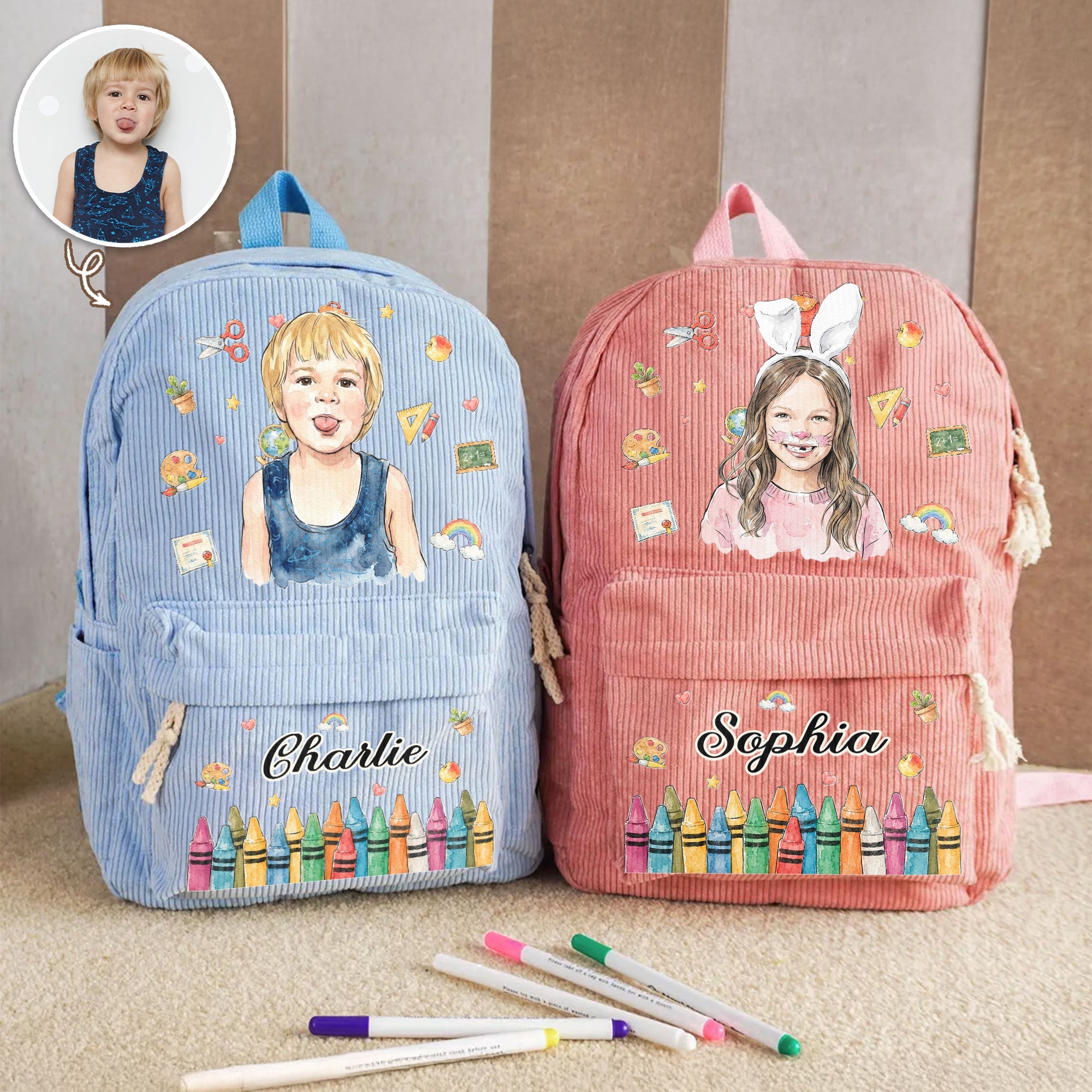 Custom Kids Name & Photo Waterclor Back To School - Personalized Backpack
