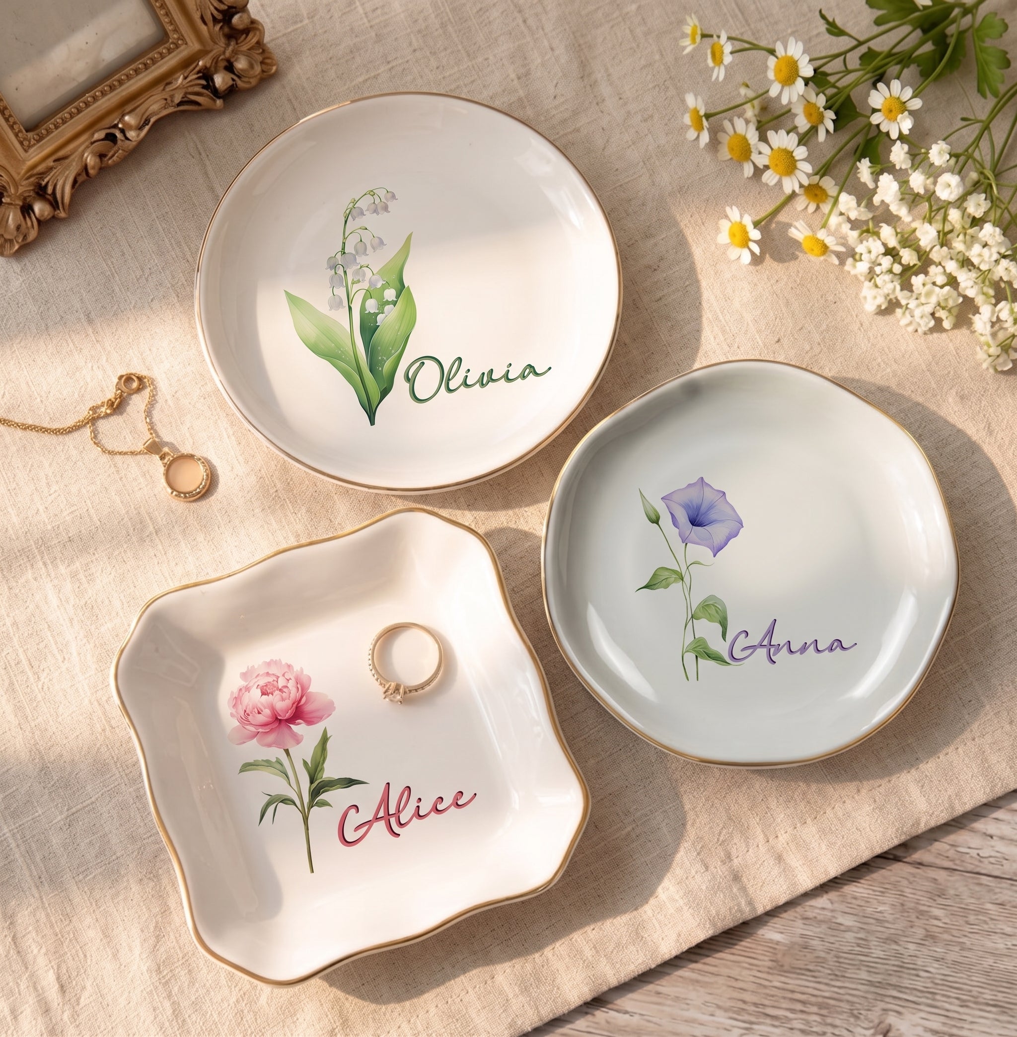 Custom Name & Birth Flower Colorful Gifts For Her - Personalized Jewelry Dish
