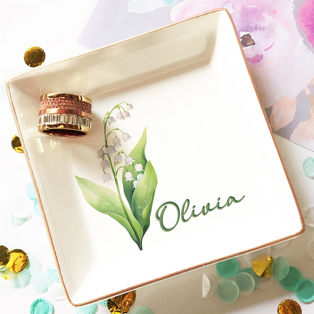 Custom Name & Birth Flower Colorful Gifts For Her - Personalized Jewelry Dish